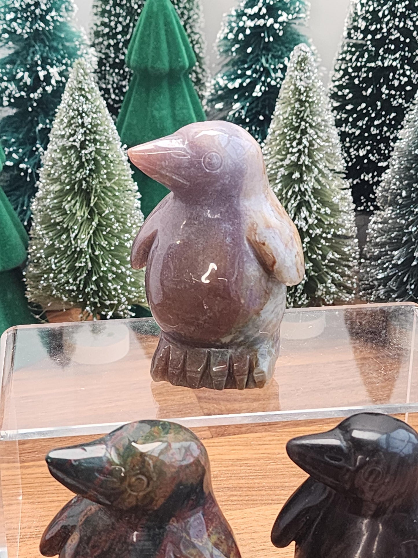 Crystal Penquins | Ocean Jasper & Silver Sheen Black Obsidian | Large One of a Kind Holiday, Winter or Christmas Home Decor items