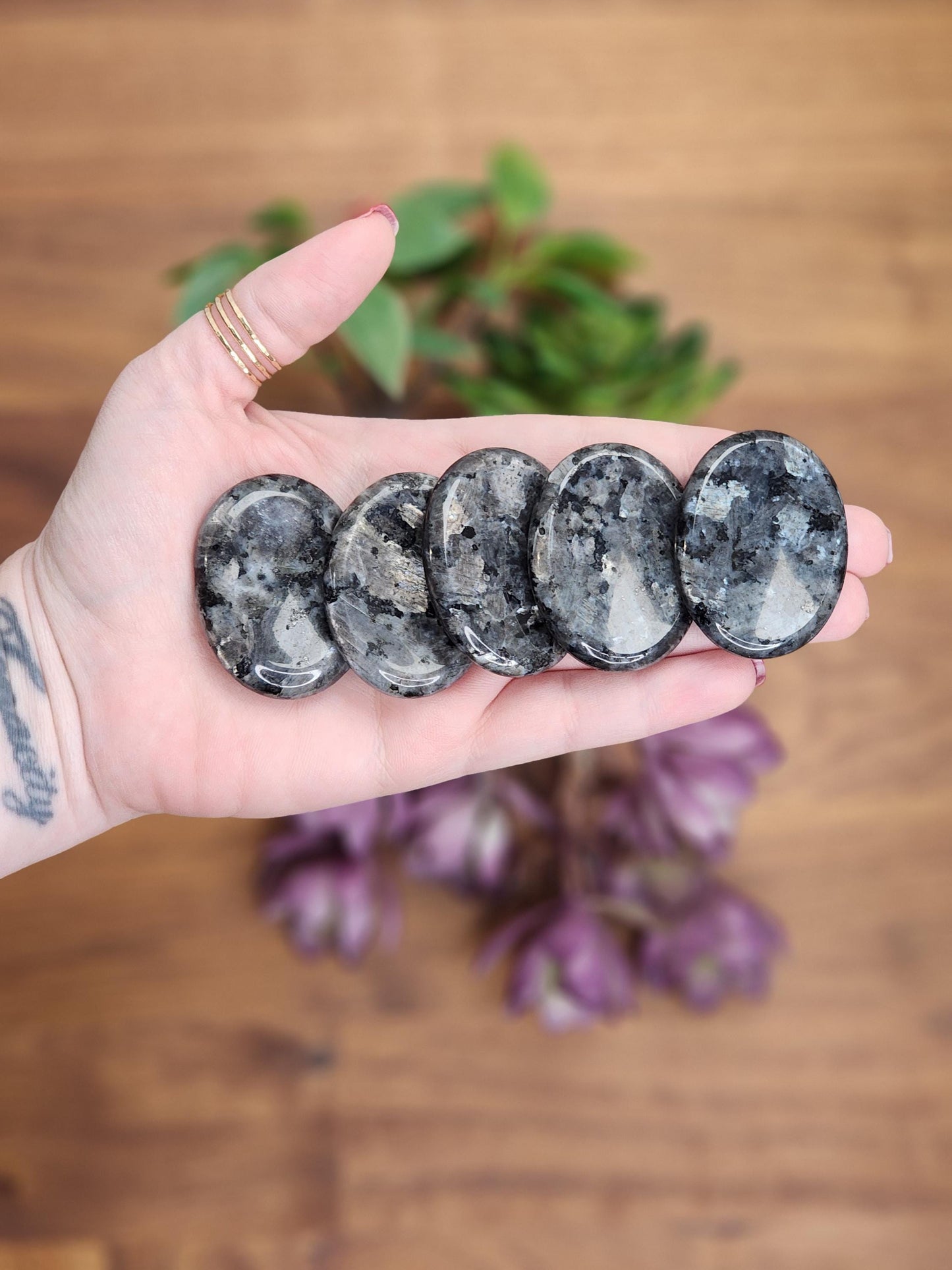 Larvikite Crystal Worry Stone // 1.77" // Gorgeous silver gray matrix with flashes of blue and metallic black inside // Winter Solstice Gift
