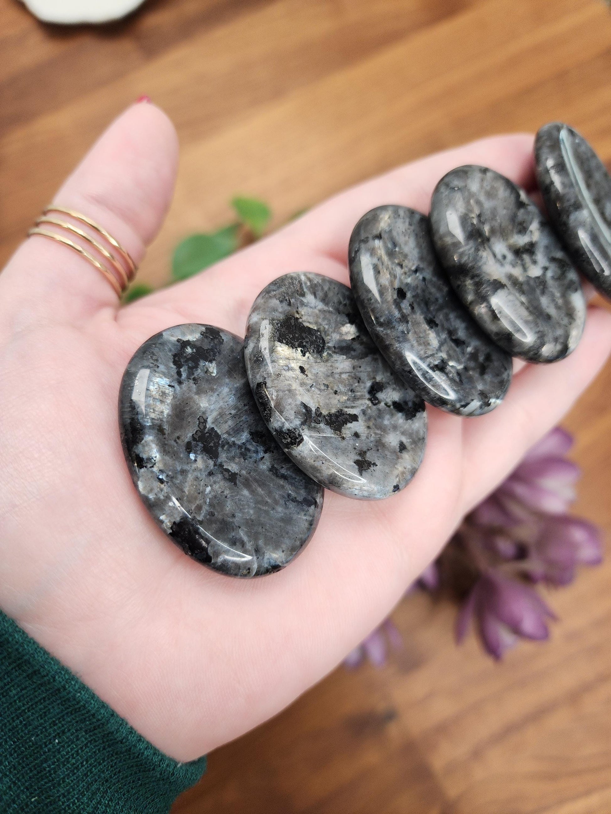 Larvikite Crystal Worry Stone // 1.77" // Gorgeous silver gray matrix with flashes of blue and metallic black inside // Winter Solstice Gift