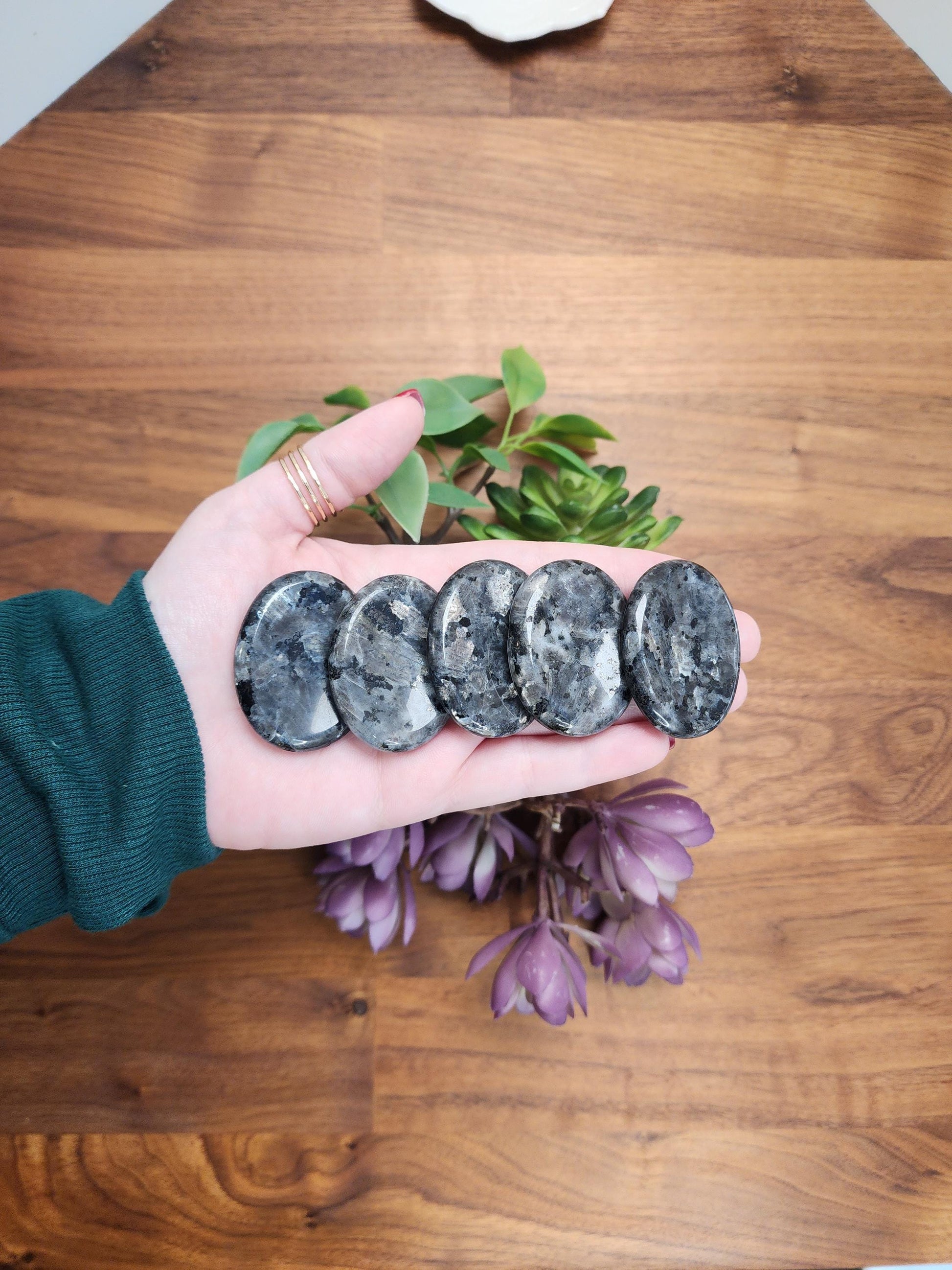 Larvikite Crystal Worry Stone // 1.77" // Gorgeous silver gray matrix with flashes of blue and metallic black inside // Winter Solstice Gift
