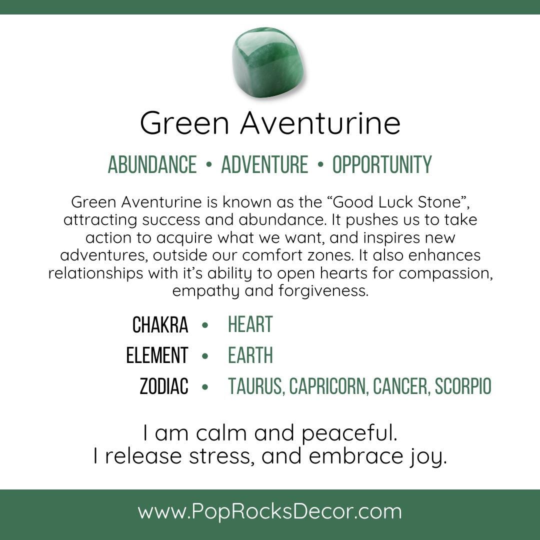 a green aventurine advertises the benefits of green aventuri