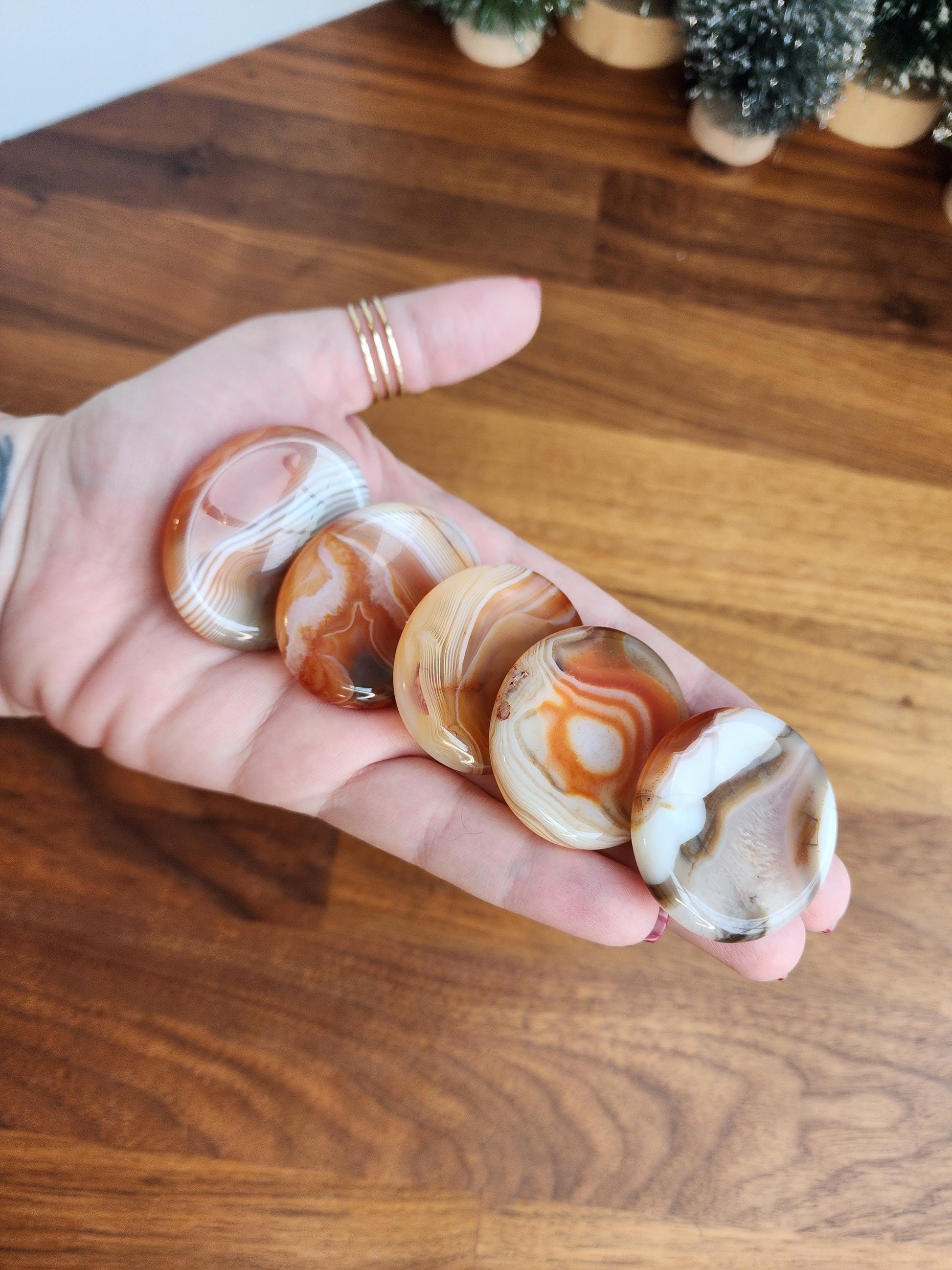 Banded Agate Worry Stone: Red, Orange, and Gray Crystal Fidget (1.77")