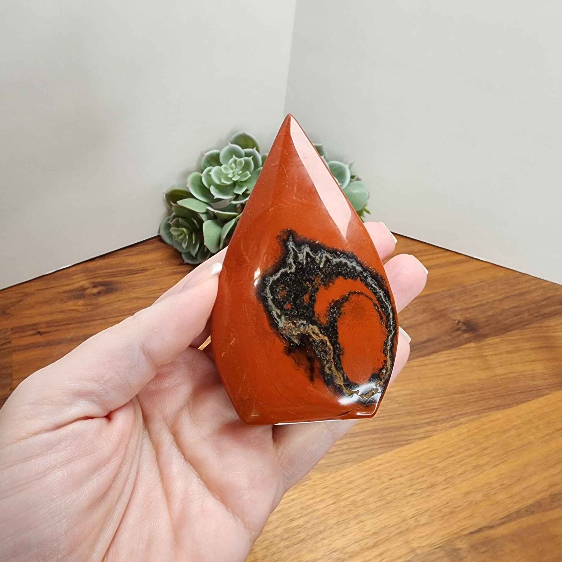 Red Jasper Crystal Teardrop | SCARLET | Valentine Free Form | About 3.5" tall | Like a Twin Flame, one side red and one side with black