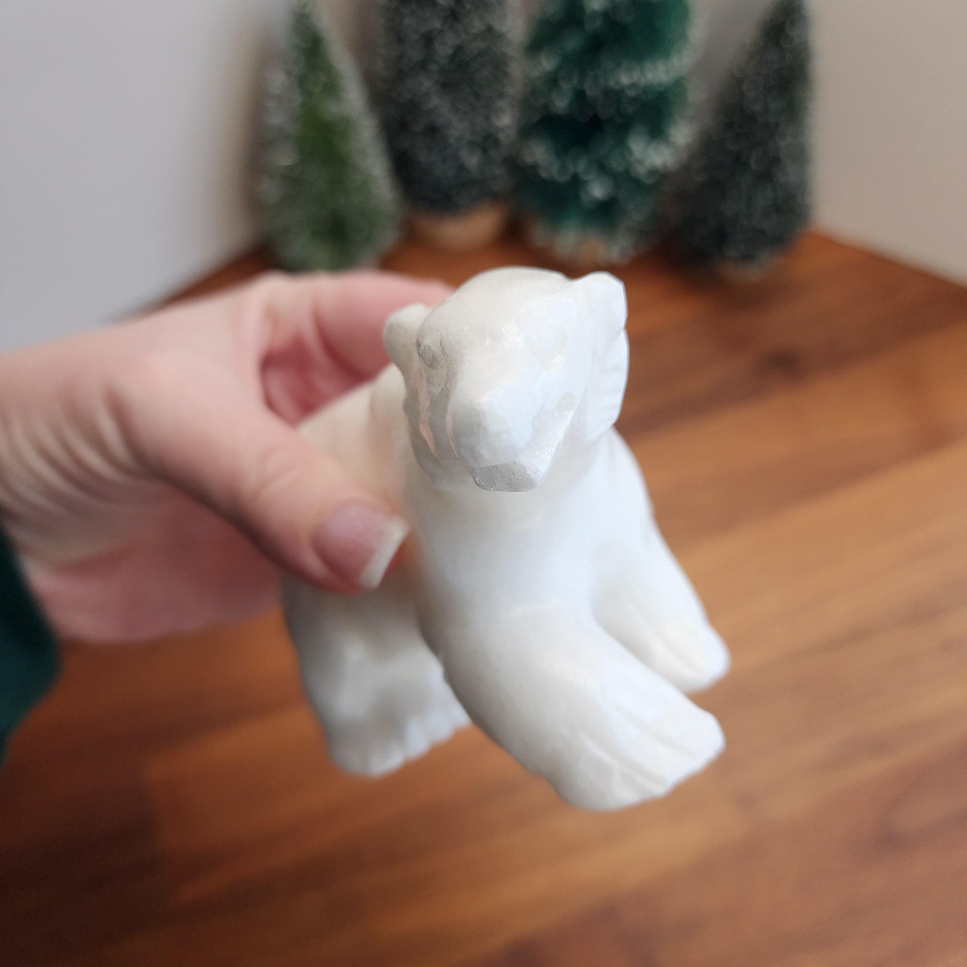 Crystal Polar Bear in Snow White Jade | Stone Carving for Winter Home Decor | Pearl finish Artic 3D Statue | 5" Perfect for Mantel Display