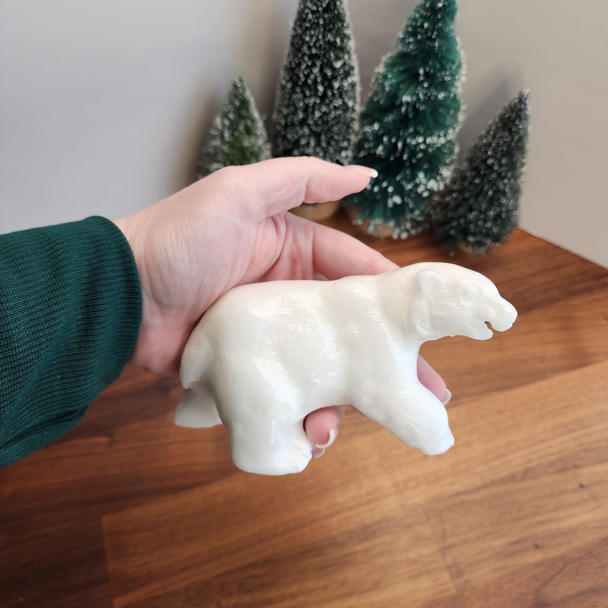 Crystal Polar Bear in Snow White Jade | Stone Carving for Winter Home Decor | Pearl finish Artic 3D Statue | 5" Perfect for Mantel Display