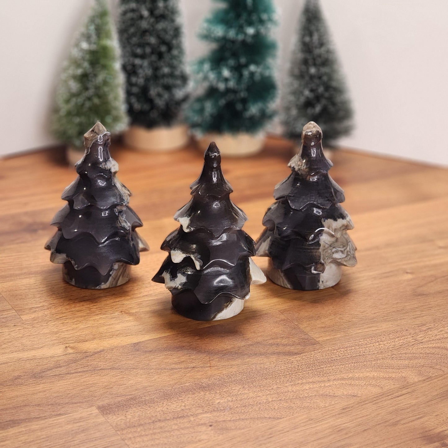 Crystal Pine Trees | Green UV Reactive Volcanic Agate Forest | Geology Rocks | Blue & Tan Natural Stone Carvings | Unique Winter Home Decor