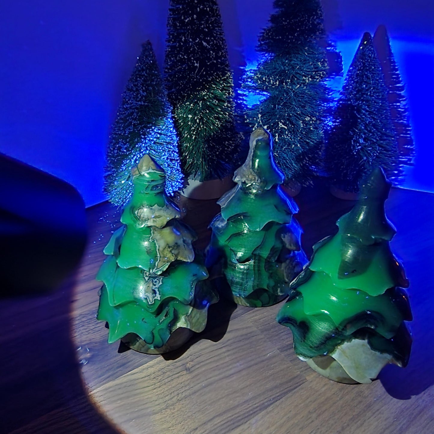 Crystal Pine Trees | Green UV Reactive Volcanic Agate Forest | Geology Rocks | Blue & Tan Natural Stone Carvings | Unique Winter Home Decor