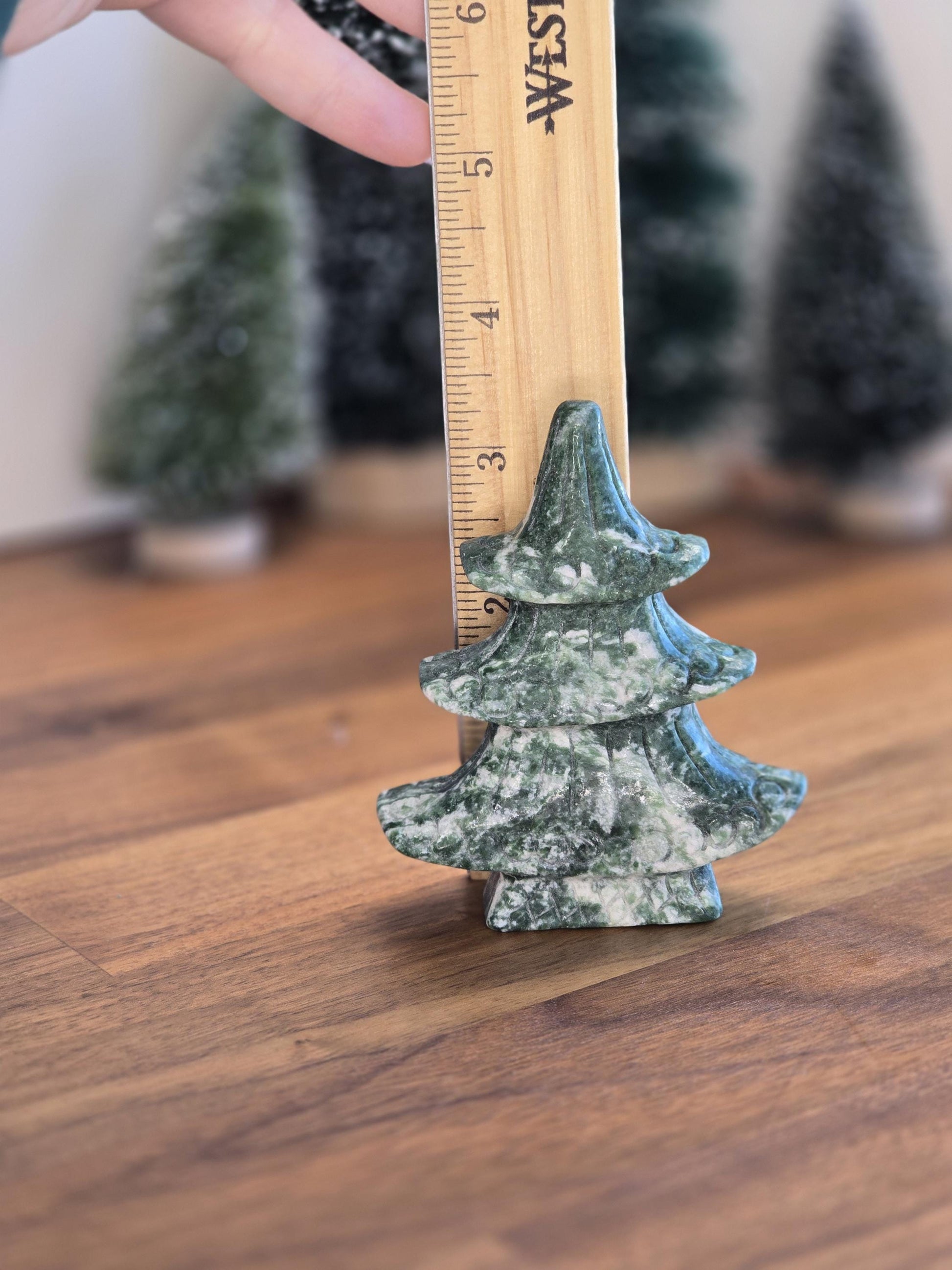Qinhai Crystal Christmas Tree (Tree Agate) | Japanese style Green Pine Tree, curled branches, white Snowy Inclusions for Winter Home Decor