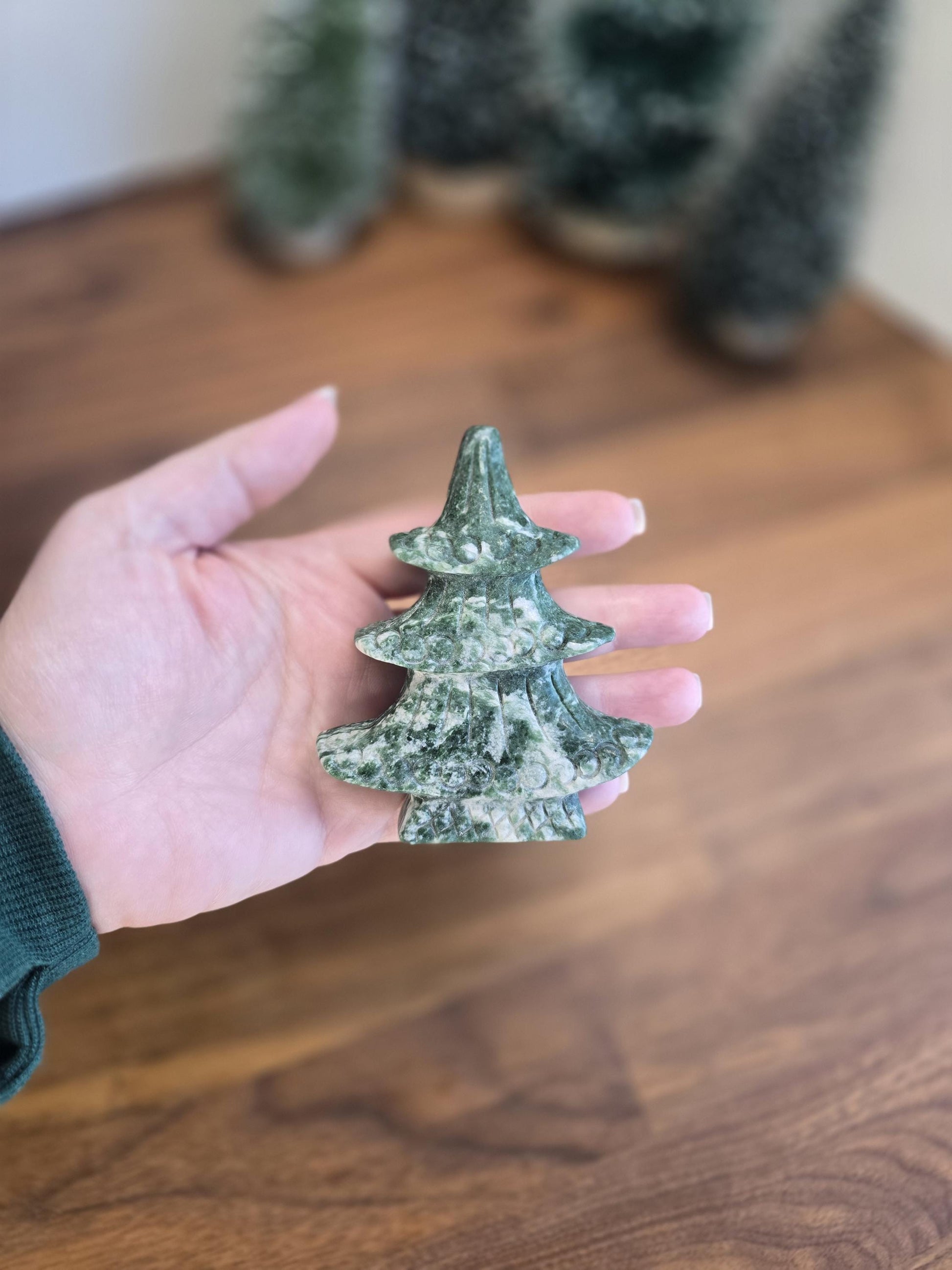 Qinhai Crystal Christmas Tree (Tree Agate) | Japanese style Green Pine Tree, curled branches, white Snowy Inclusions for Winter Home Decor