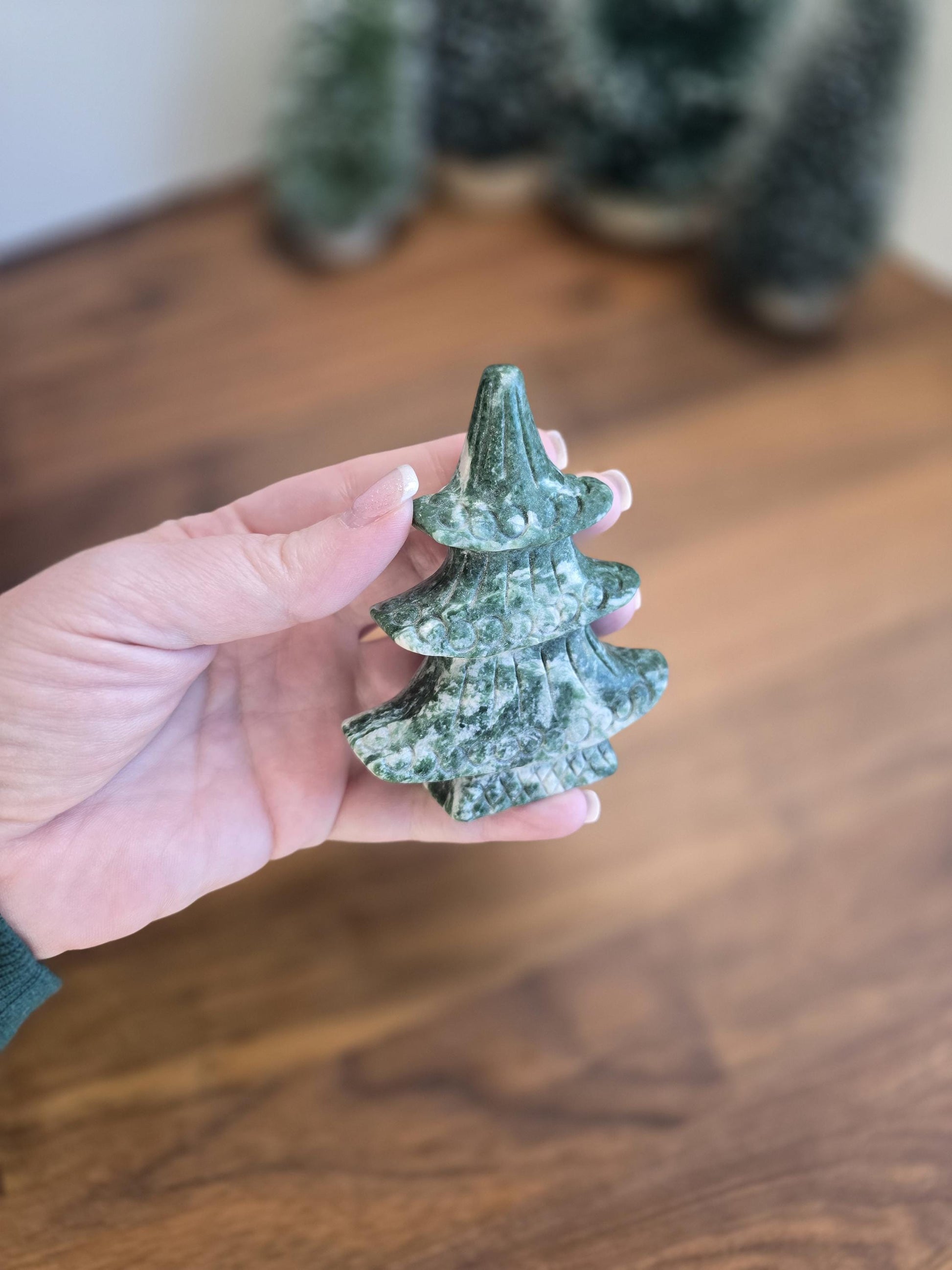 Qinhai Crystal Christmas Tree (Tree Agate) | Japanese style Green Pine Tree, curled branches, white Snowy Inclusions for Winter Home Decor