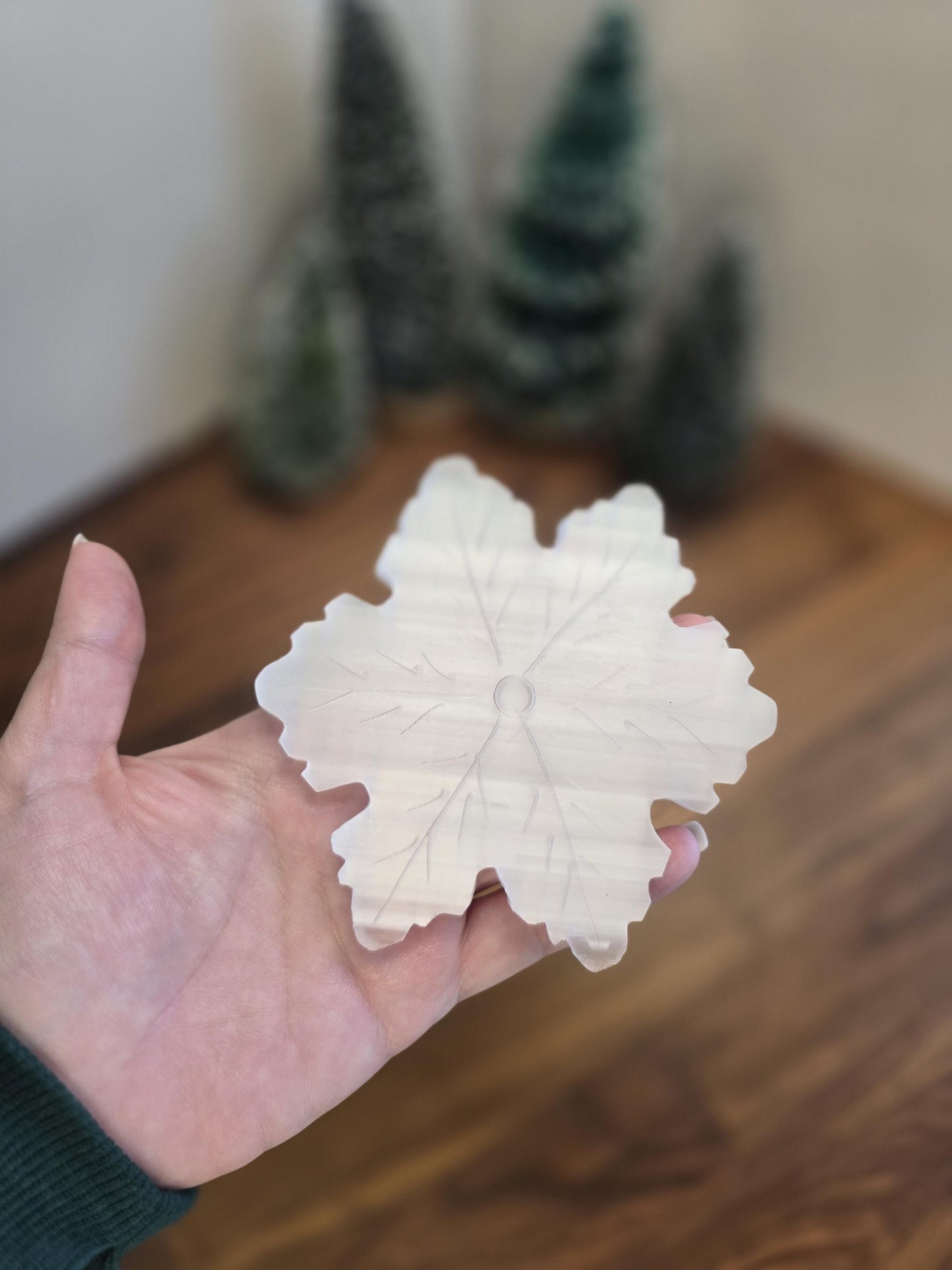 Selenite Crystal Snowflake Winter Home Decor | Beautiful white snow crystal carved in delicate satin spar for January Birthdays classy Gifts