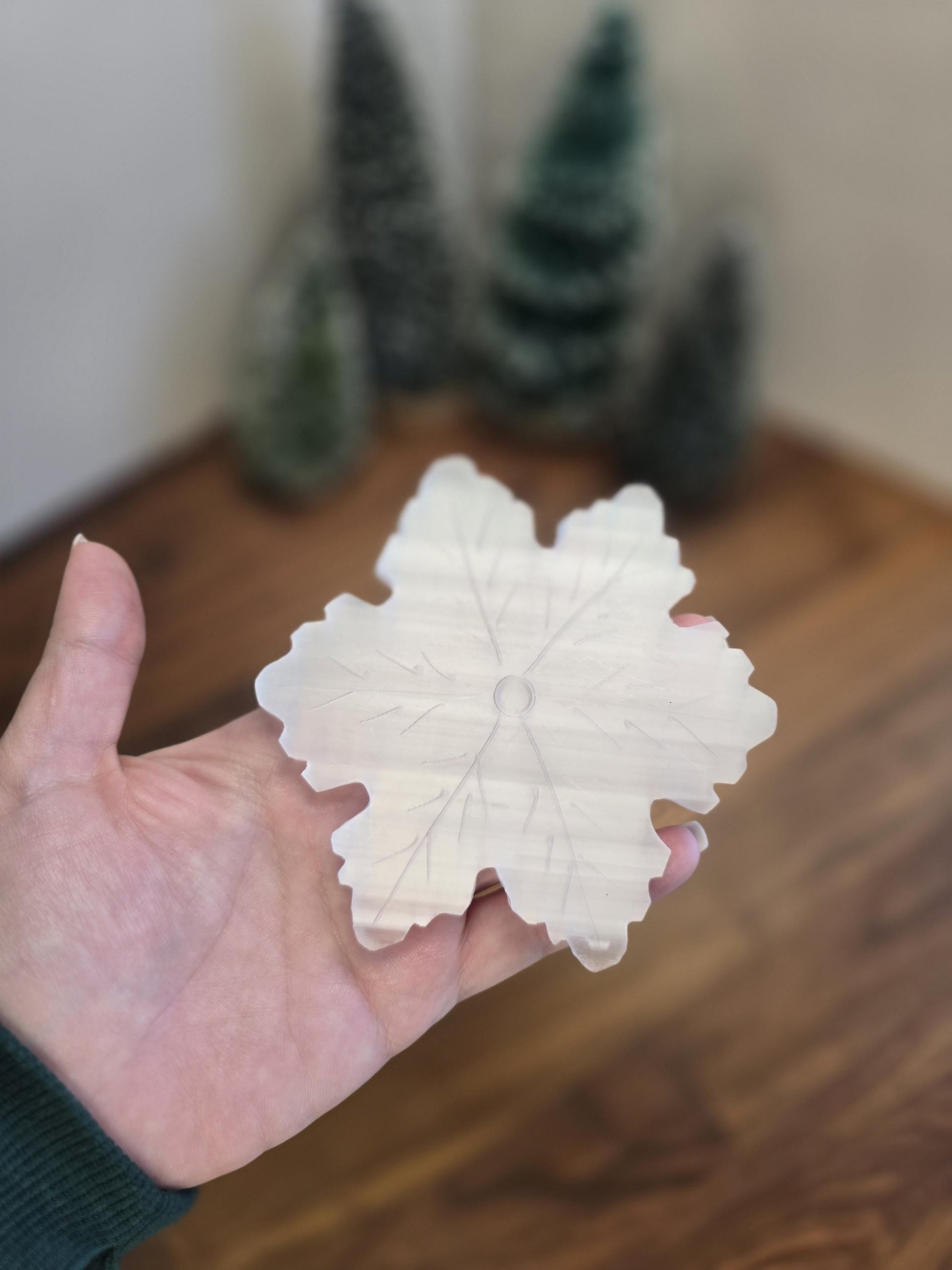 Selenite Crystal Snowflake Winter Home Decor | Beautiful white snow crystal carved in delicate satin spar for January Birthdays classy Gifts