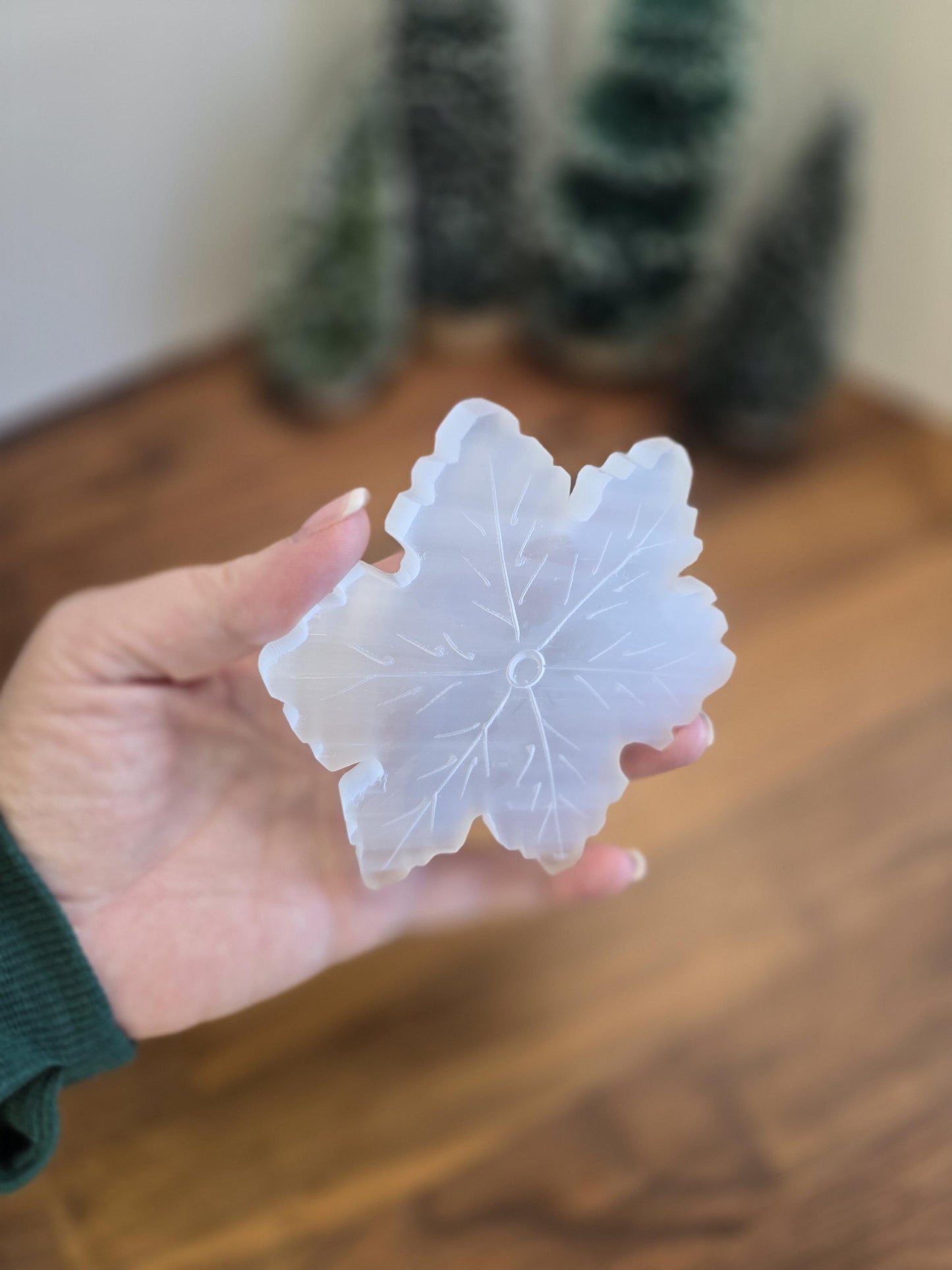 Selenite Crystal Snowflake Winter Home Decor | Beautiful white snow crystal carved in delicate satin spar for January Birthdays classy Gifts