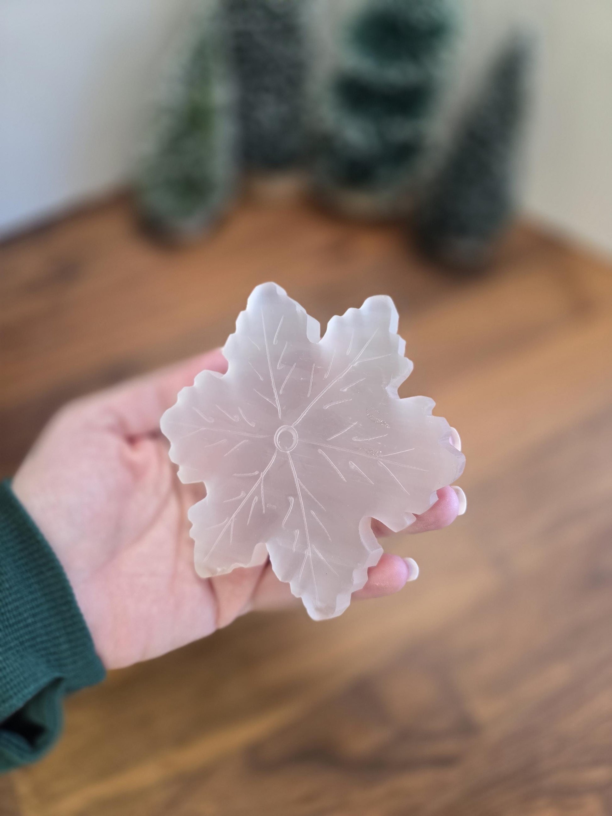 Selenite Crystal Snowflake Winter Home Decor | Beautiful white snow crystal carved in delicate satin spar for January Birthdays classy Gifts