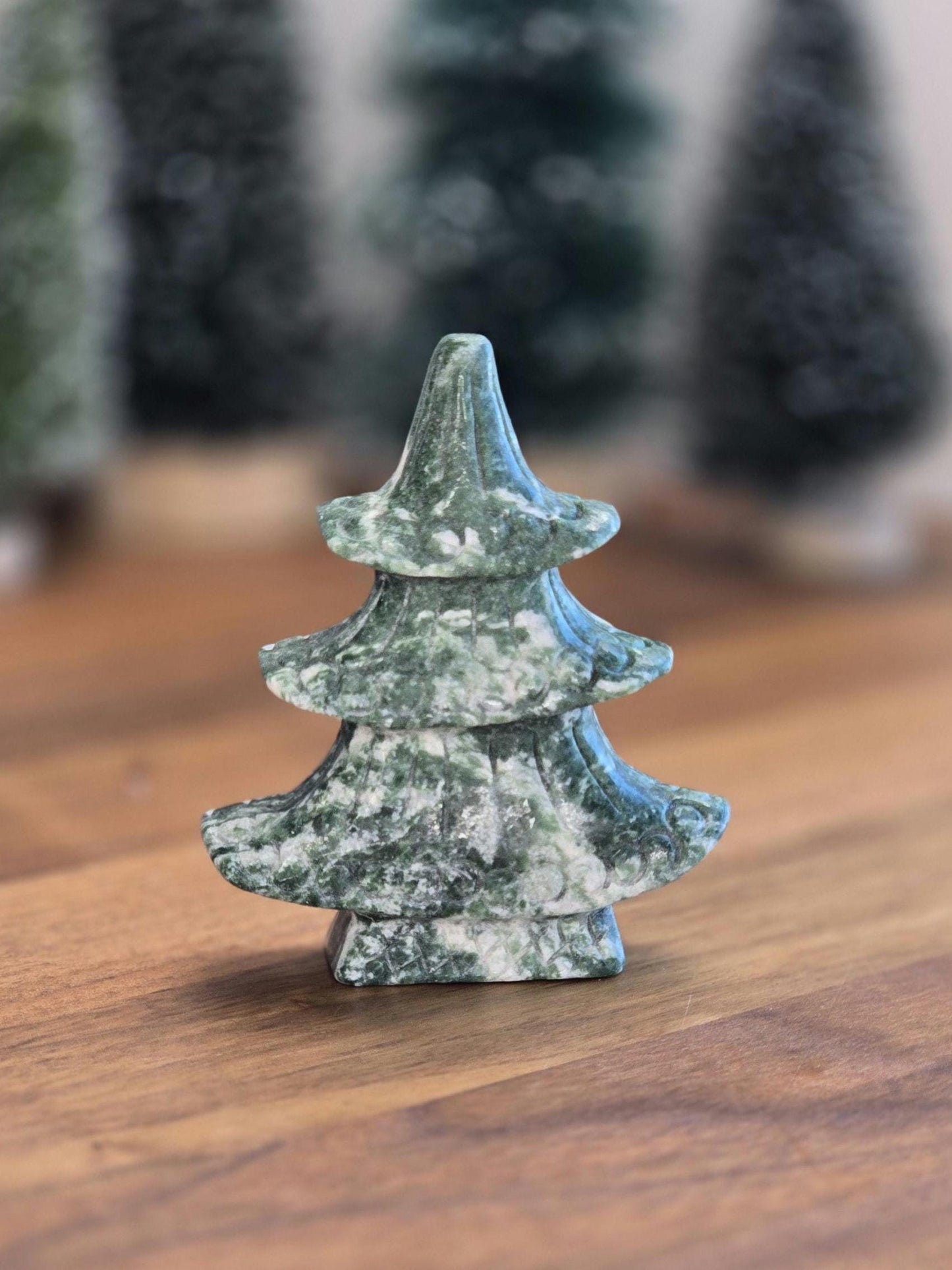 Qinhai Crystal Christmas Tree (Tree Agate) | Japanese style Green Pine Tree, curled branches, white Snowy Inclusions for Winter Home Decor