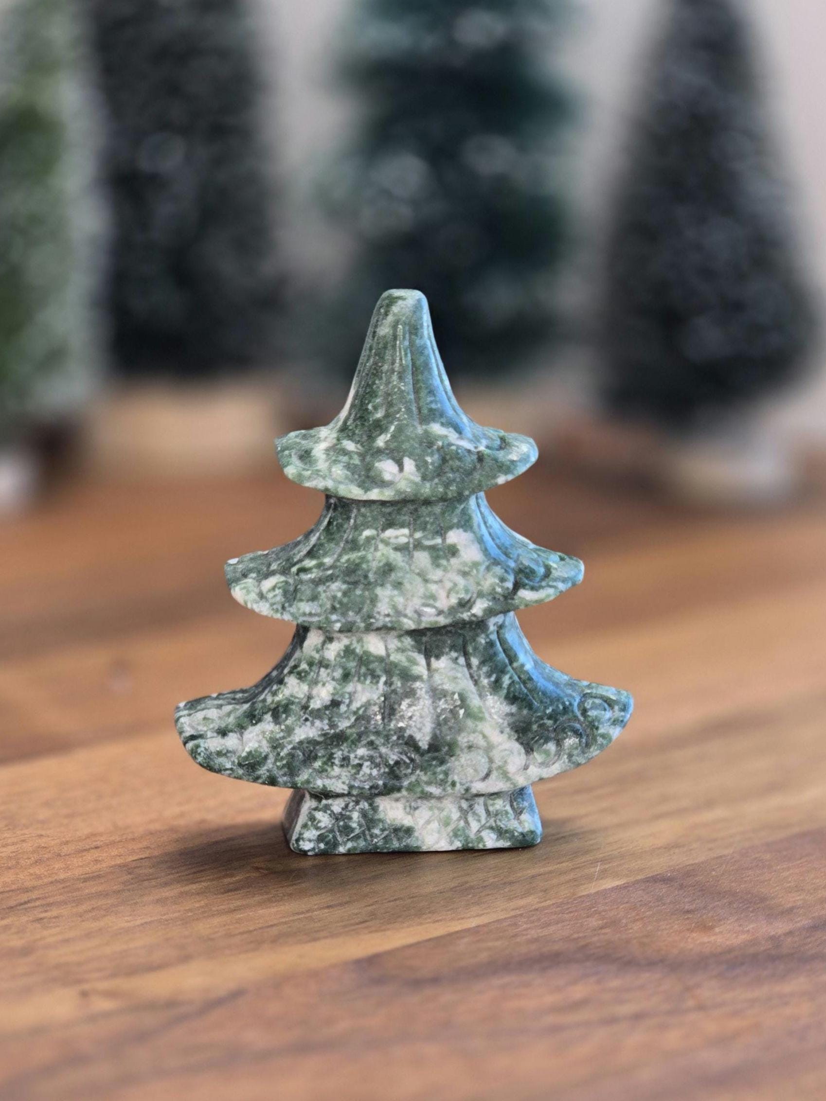 Qinhai Crystal Christmas Tree (Tree Agate) | Japanese style Green Pine Tree, curled branches, white Snowy Inclusions for Winter Home Decor