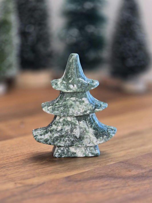 Qinhai Crystal Christmas Tree (Tree Agate) | Japanese style Green Pine Tree, curled branches, white Snowy Inclusions for Winter Home Decor