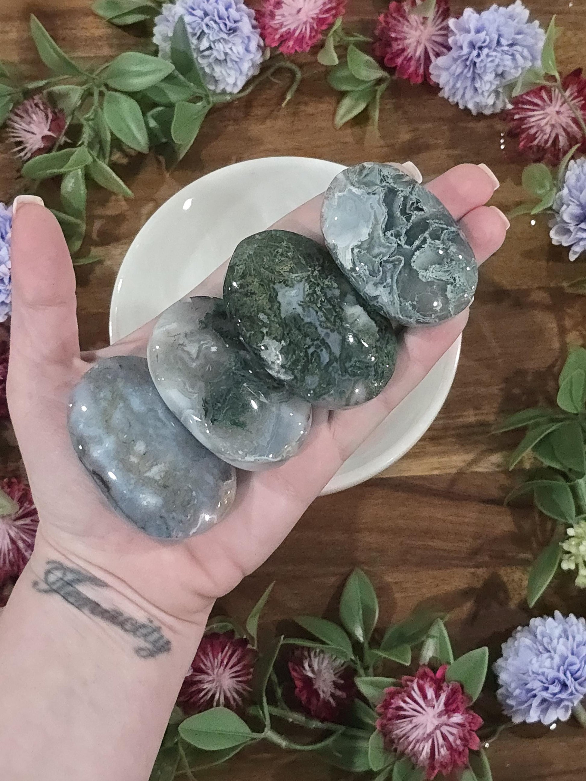 Moss Agate Palmstones | Over 2 inches | Natural Green Gemstone Pocket Stones for Gifts, Collecting, and Relaxation