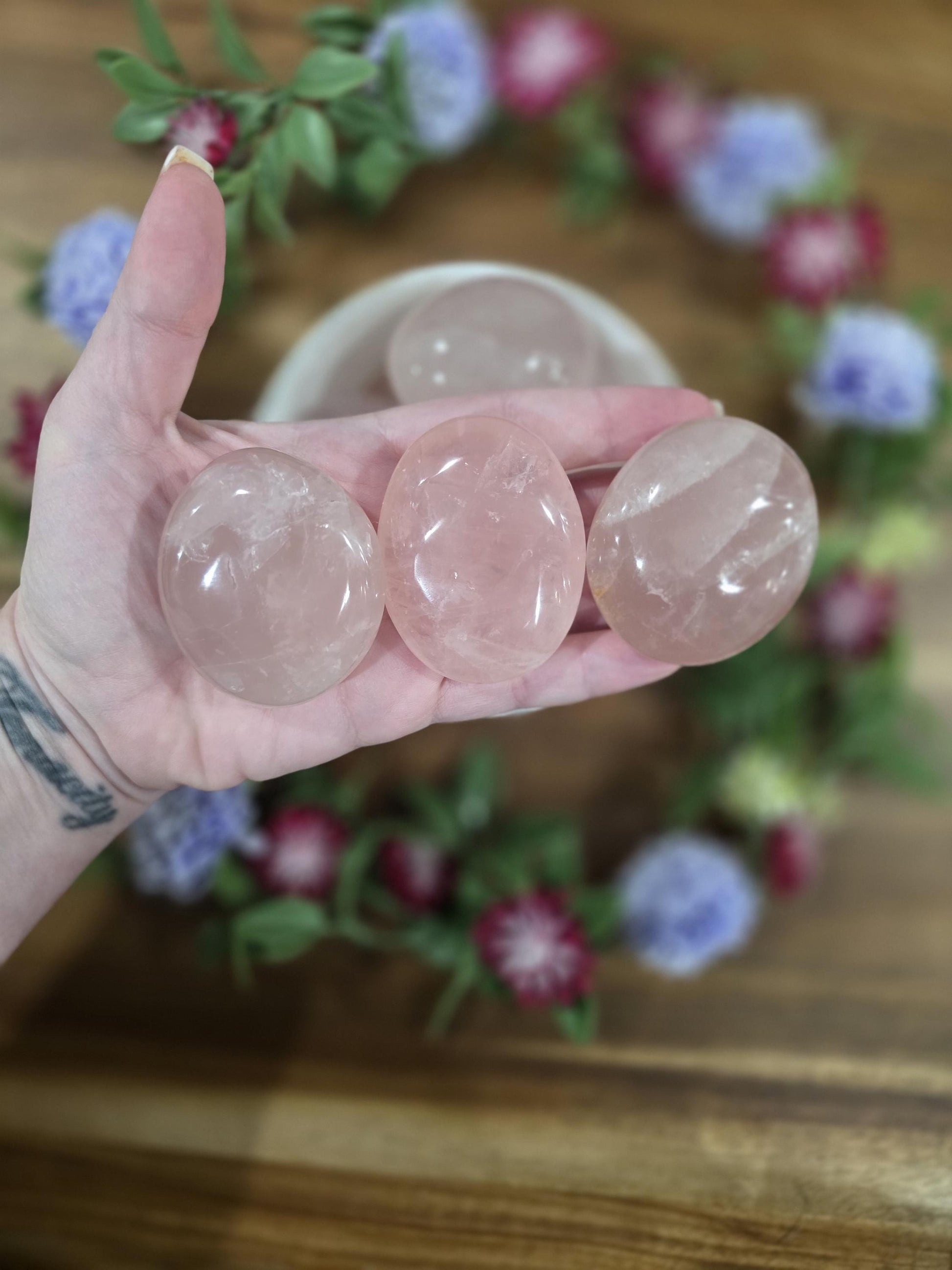 Big Rainbow Rose Quartz Palmstones | High Quality Pink Crystals, Hand Carved & Polished | ADHD ASD SPD Pocket Fidgets | Women, Girls, Teens