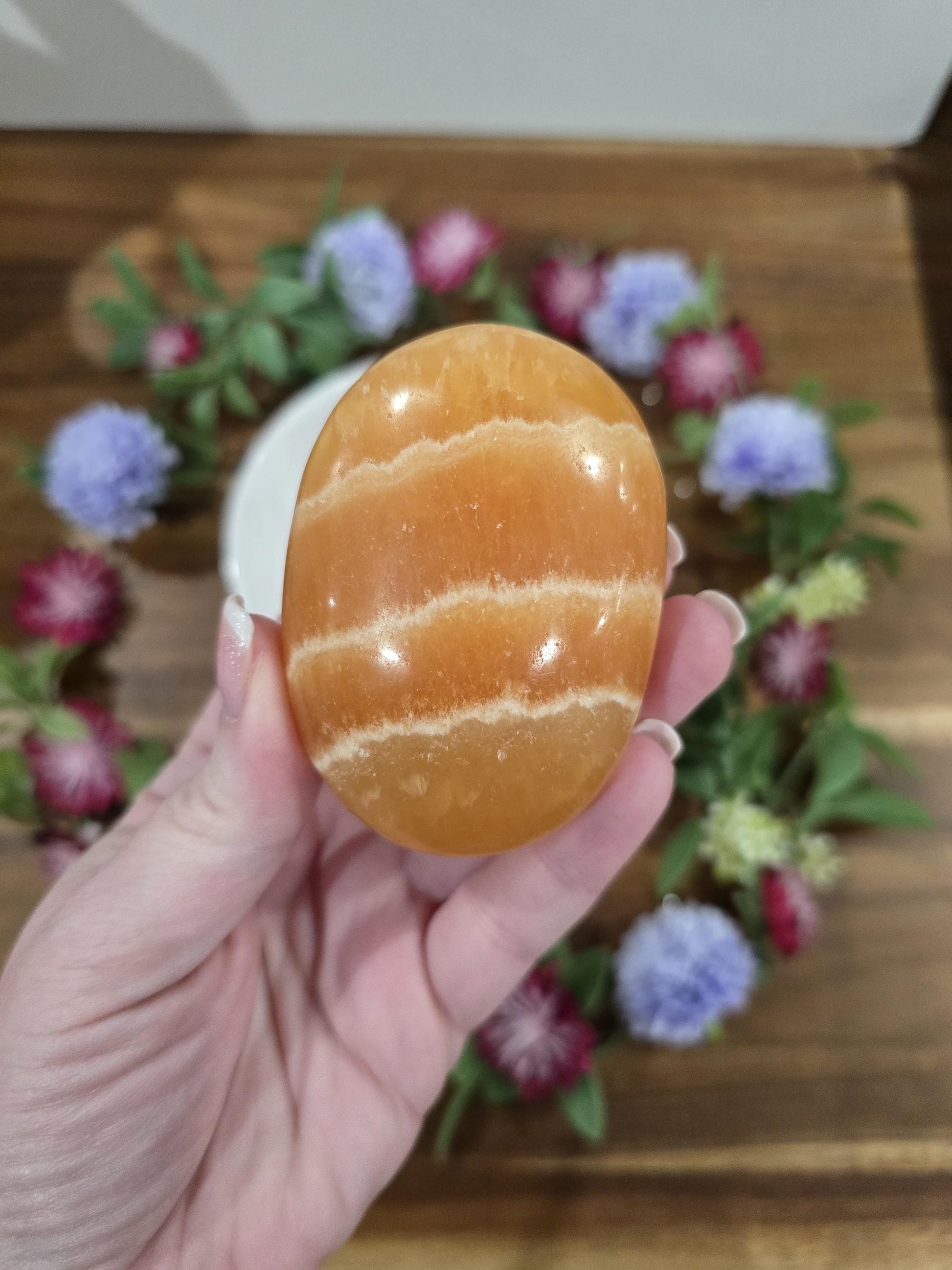 Juicy Orange Calcite Crystal Palmstones to Brighten Your Day and Energize your space | Lovely Creamsickle coloring with banding, Large size