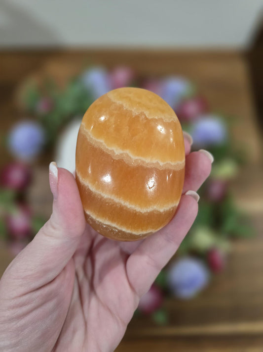 Juicy Orange Calcite Crystal Palmstones to Brighten Your Day and Energize your space | Lovely Creamsickle coloring with banding, Large size