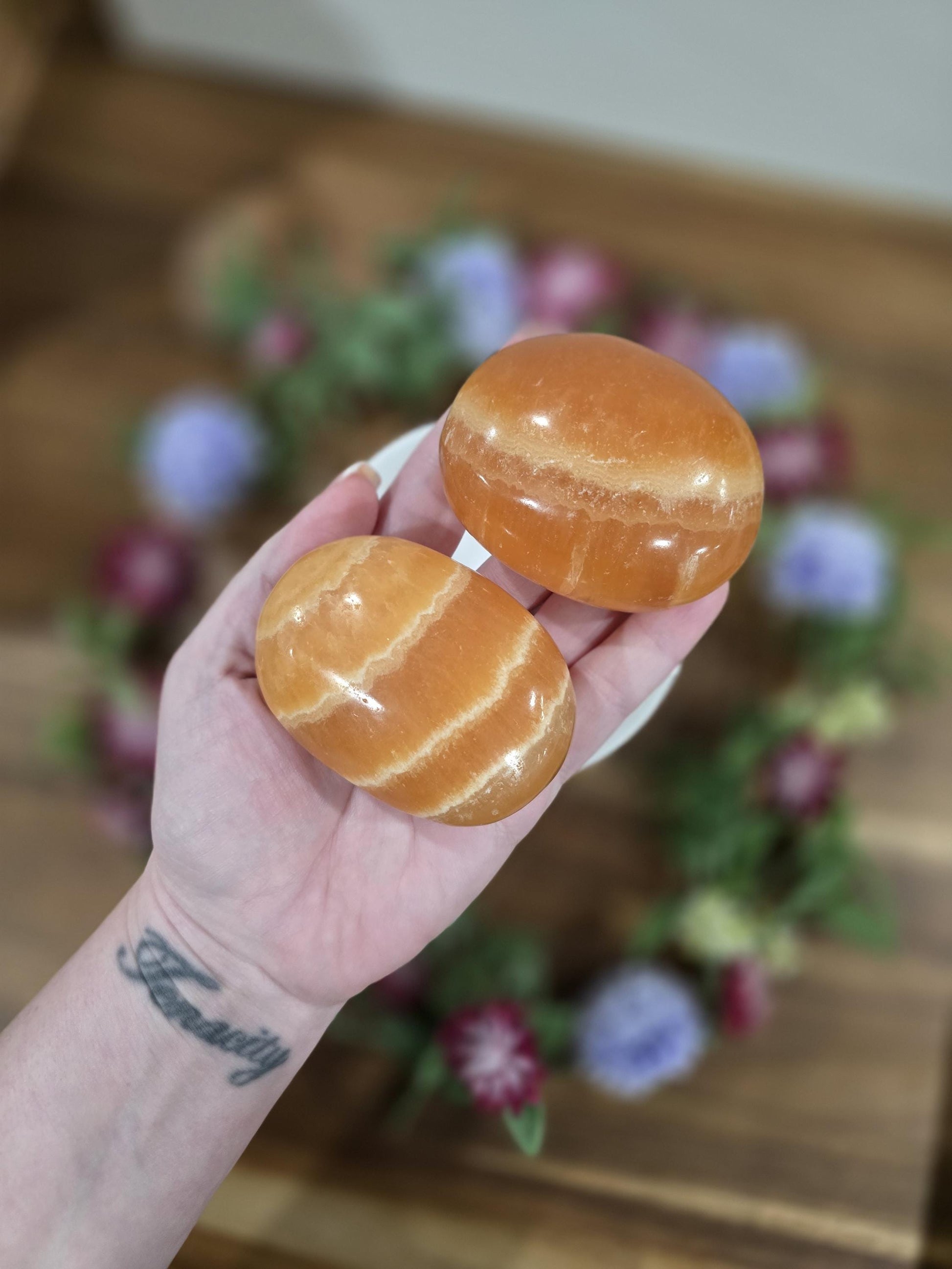 Juicy Orange Calcite Crystal Palmstones to Brighten Your Day and Energize your space | Lovely Creamsickle coloring with banding, Large size
