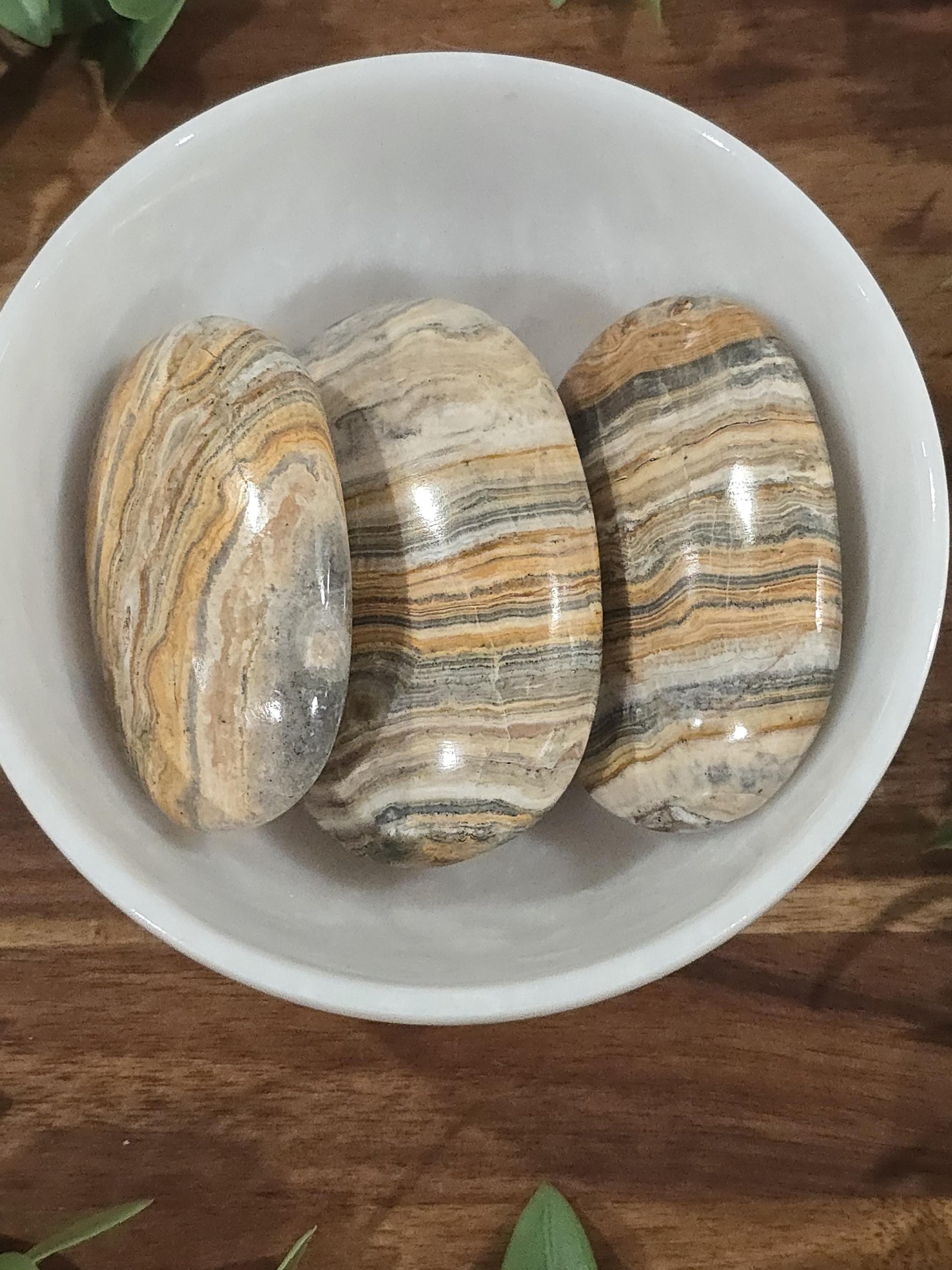 Yellow Aragonite | Large Crystal Palmstones | Banded Gray Calcite Palms | Desk Ornament Home Decor for Office Gifts or Unique Paperweight