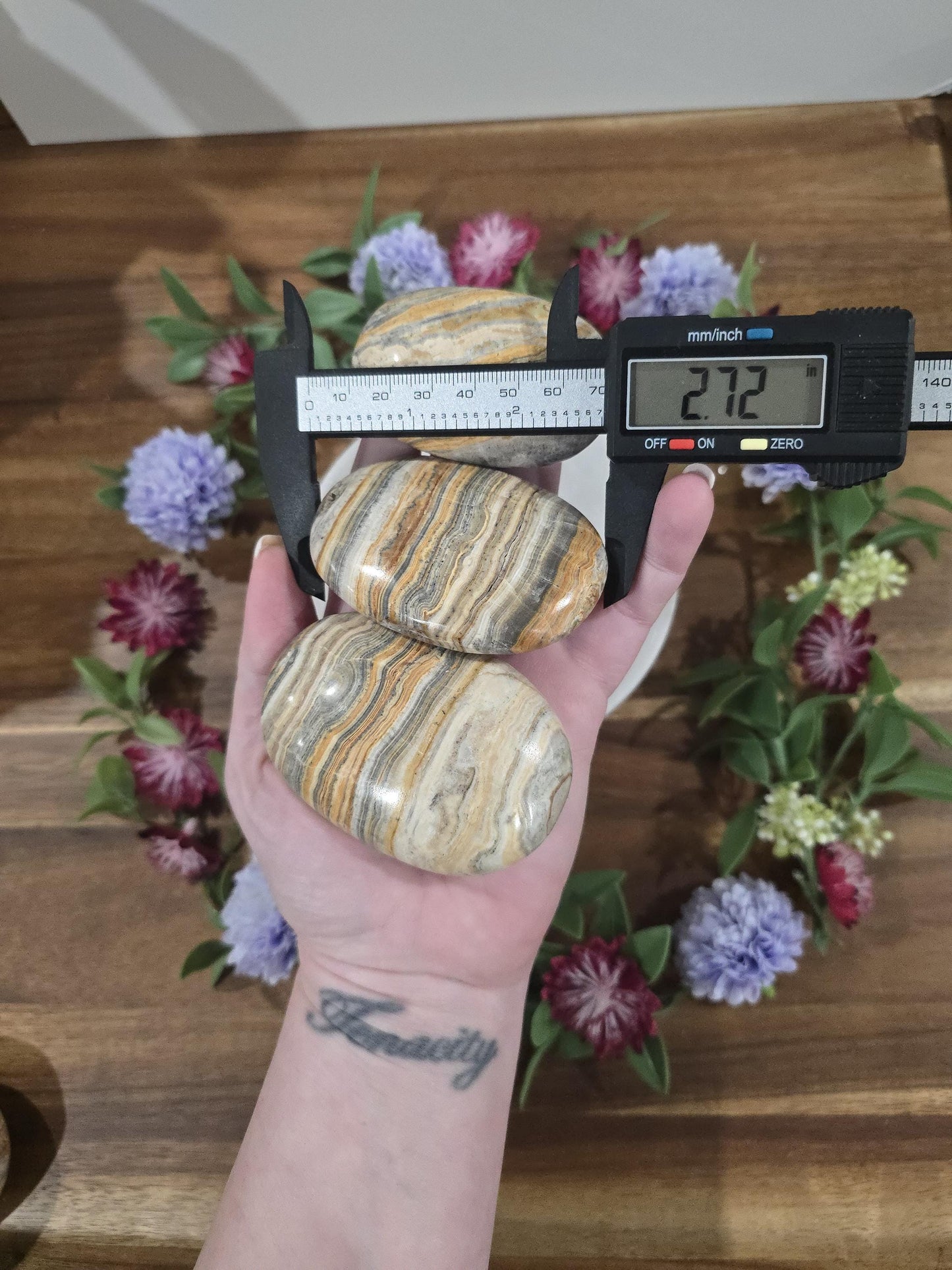 Yellow Aragonite | Large Crystal Palmstones | Banded Gray Calcite Palms | Desk Ornament Home Decor for Office Gifts or Unique Paperweight