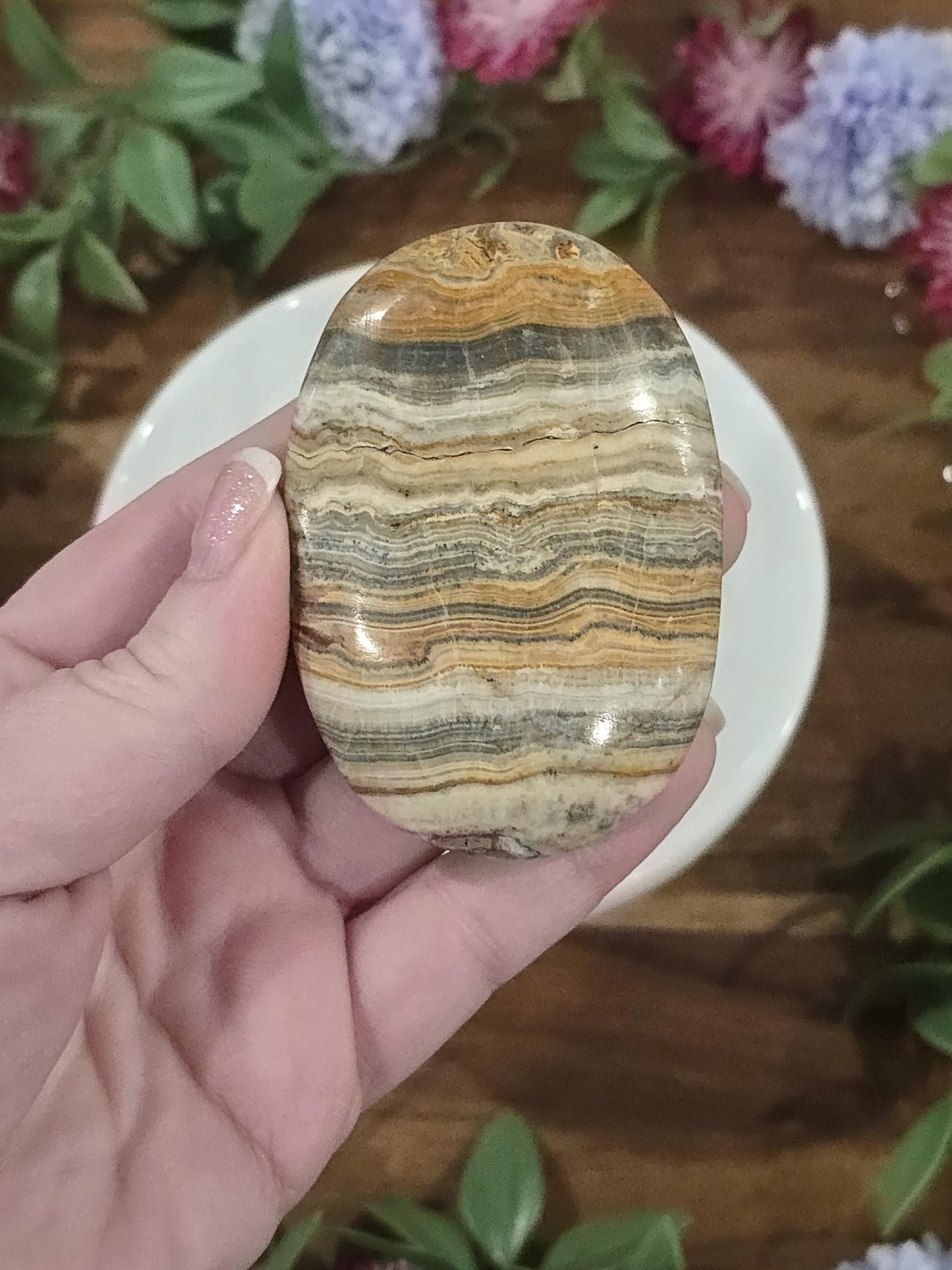 Yellow Aragonite | Large Crystal Palmstones | Banded Gray Calcite Palms | Desk Ornament Home Decor for Office Gifts or Unique Paperweight