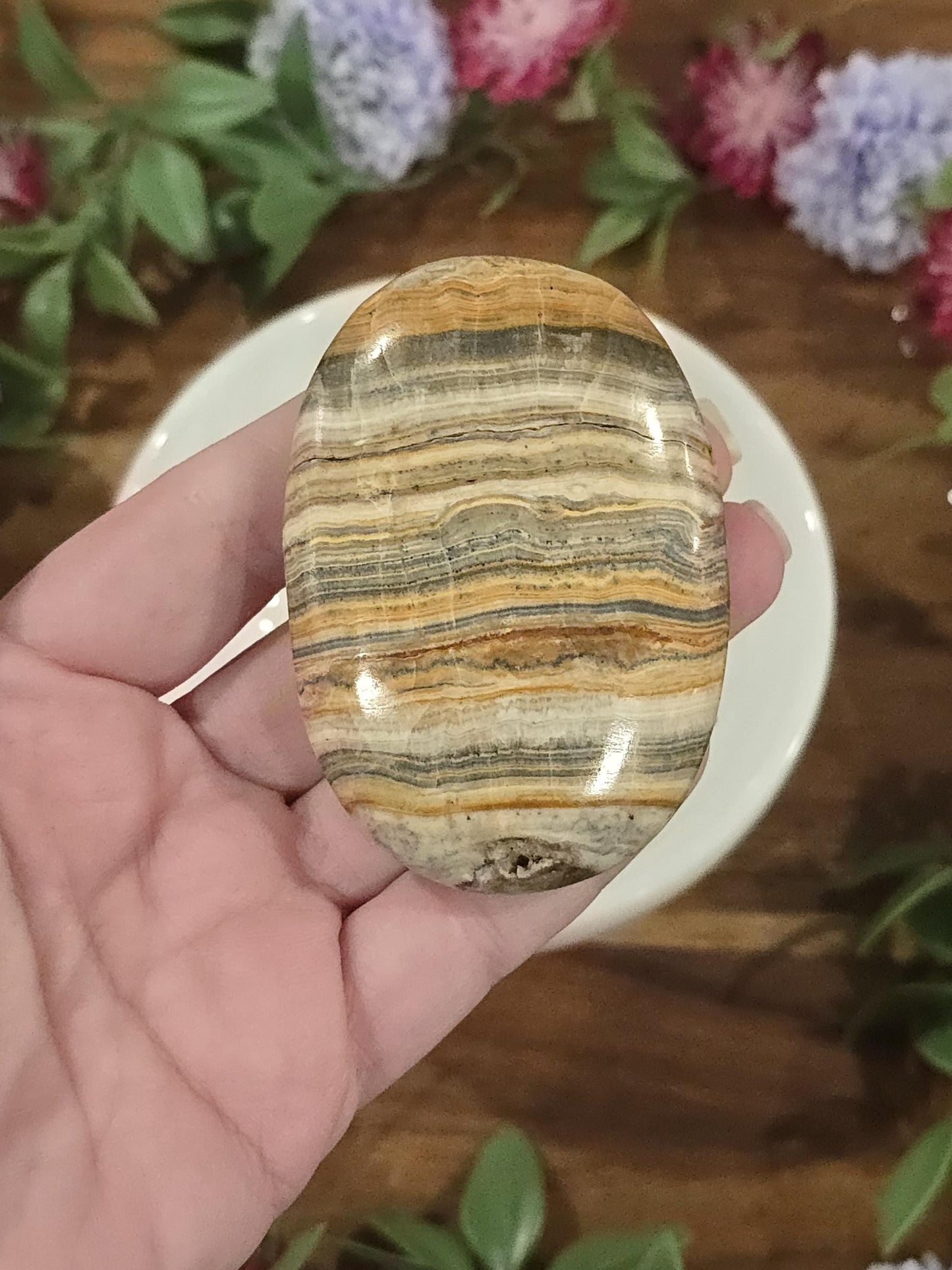 Yellow Aragonite | Large Crystal Palmstones | Banded Gray Calcite Palms | Desk Ornament Home Decor for Office Gifts or Unique Paperweight