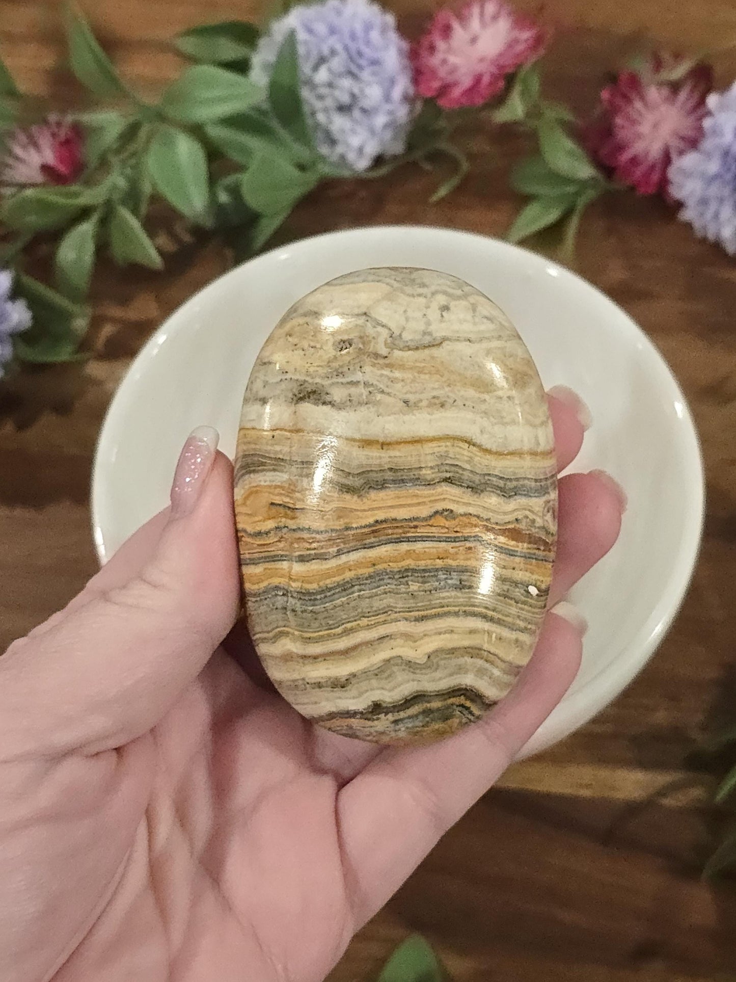 Yellow Aragonite | Large Crystal Palmstones | Banded Gray Calcite Palms | Desk Ornament Home Decor for Office Gifts or Unique Paperweight