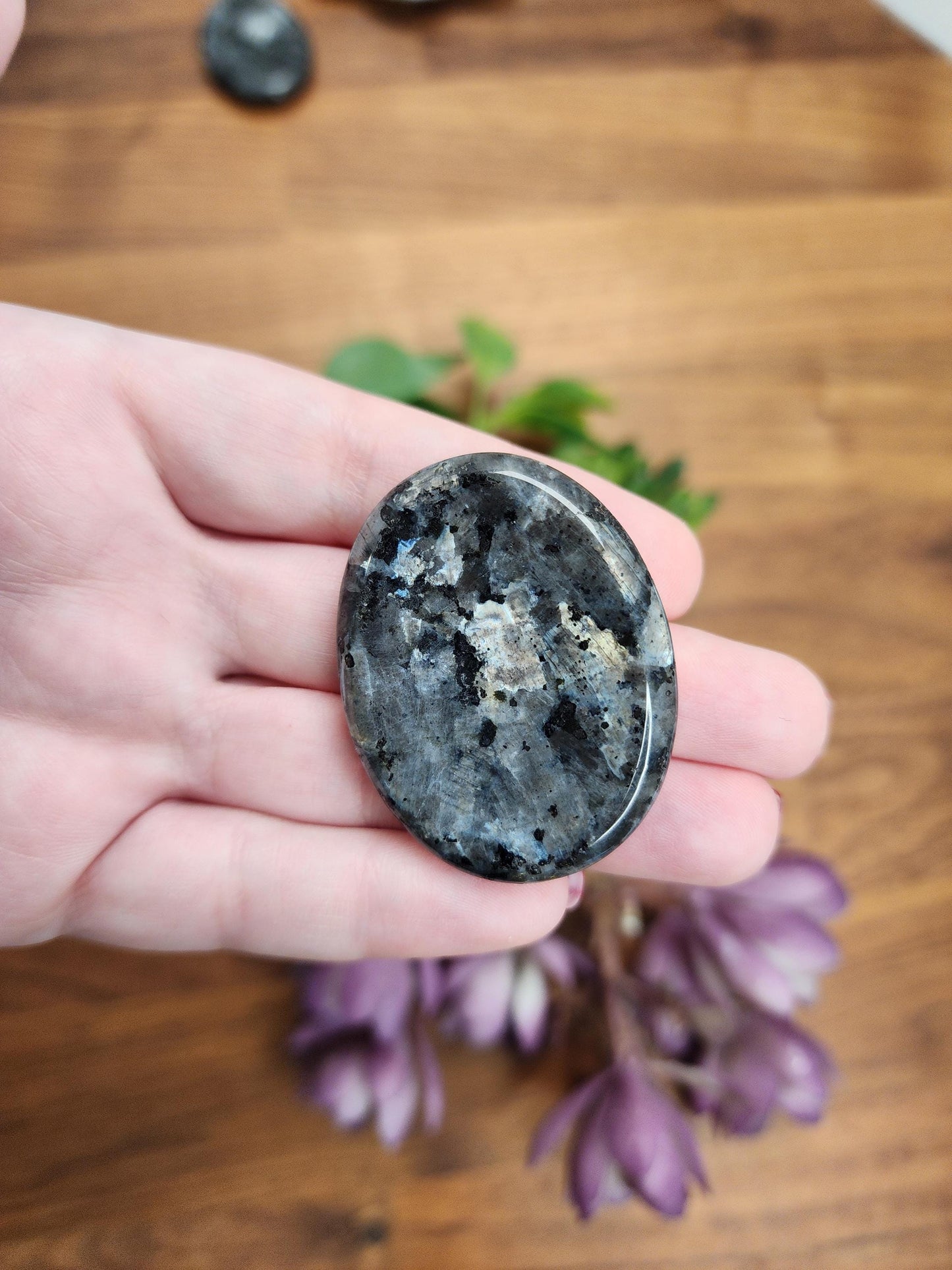 Larvikite Crystal Worry Stone: Silver Gray with Blue Flash