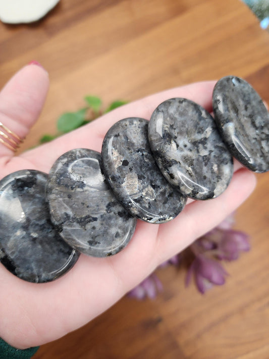 Larvikite Crystal Worry Stone: Silver Gray with Blue Flash