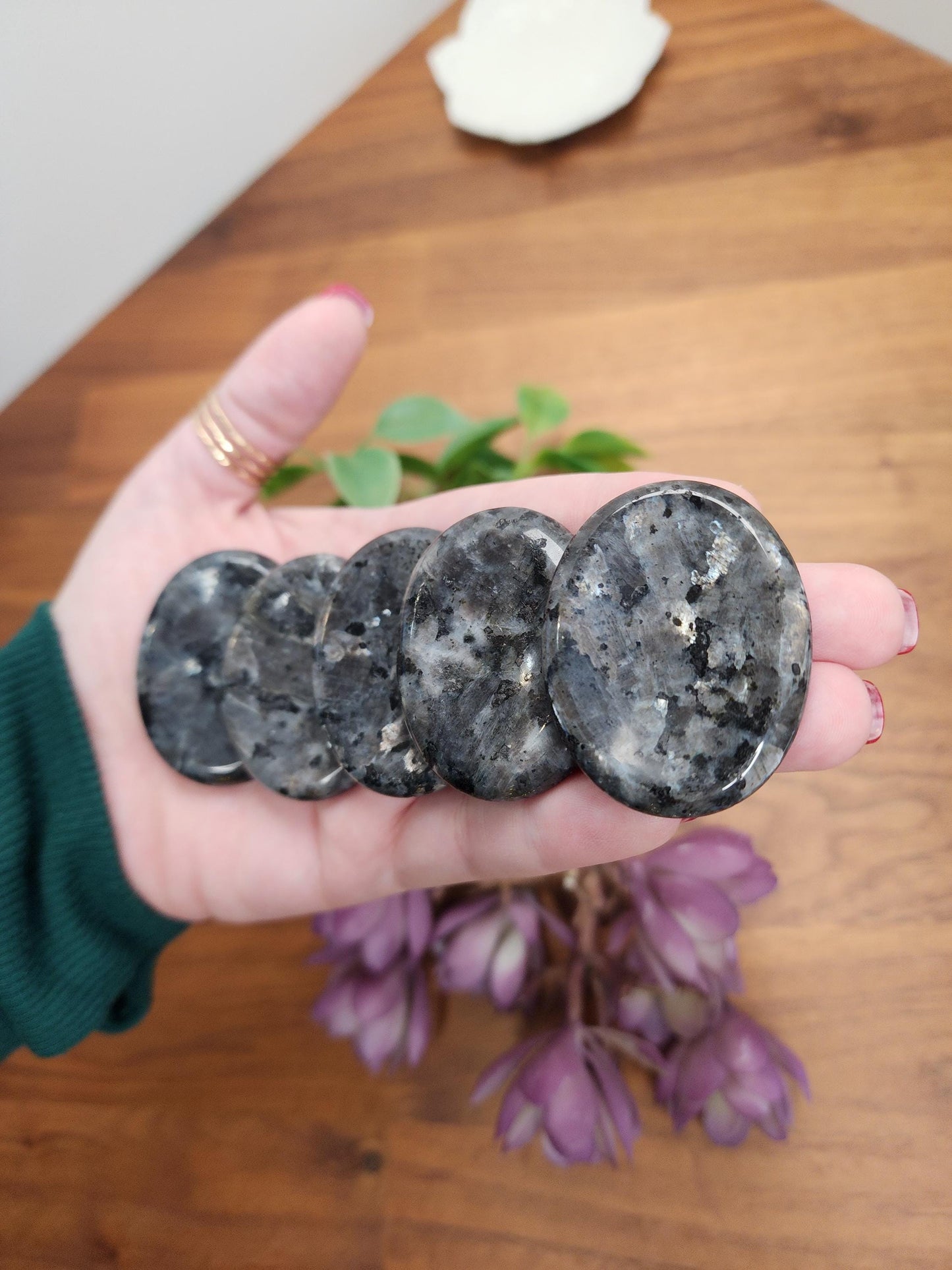 Larvikite Crystal Worry Stone: Silver Gray with Blue Flash