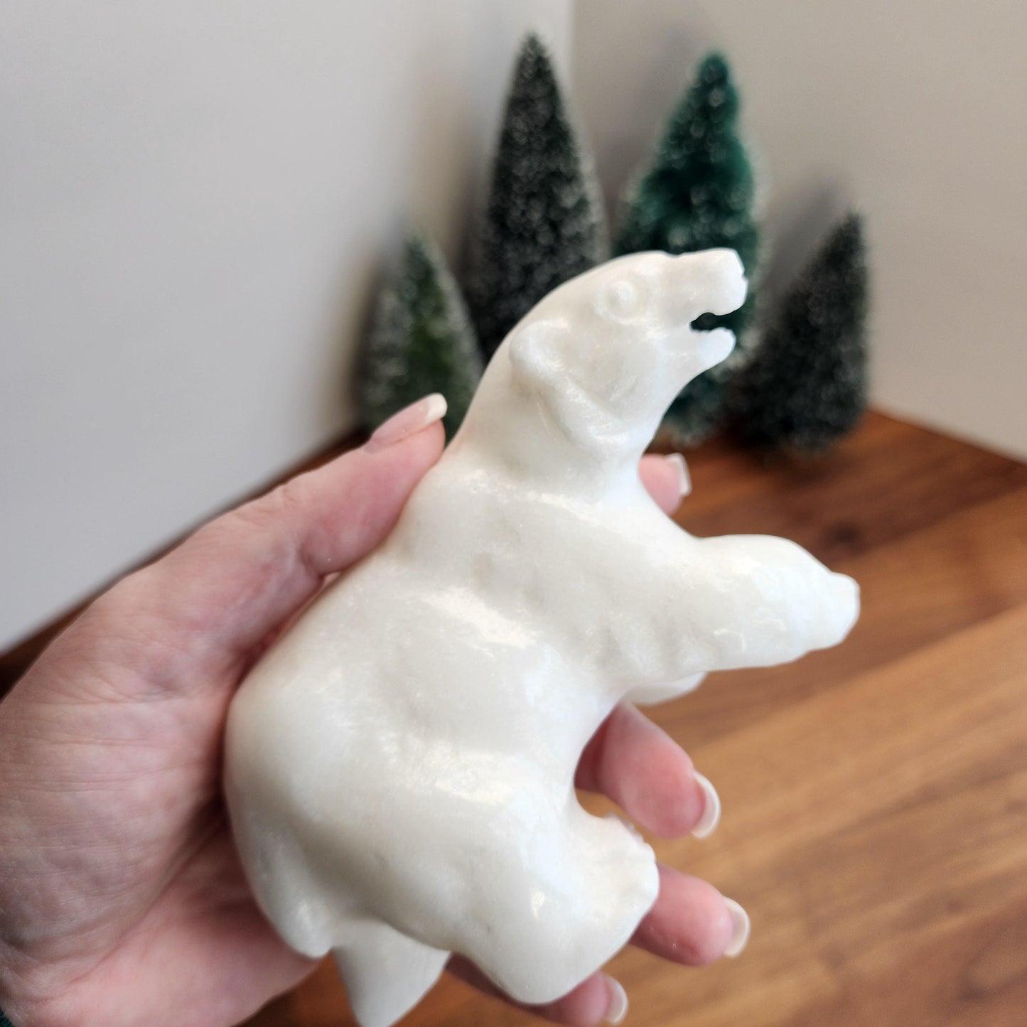 Crystal Polar Bear in Snow White Jade | Stone Carving for Winter Home Decor | Pearl finish Artic 3D Statue | 5" Perfect for Mantel Display