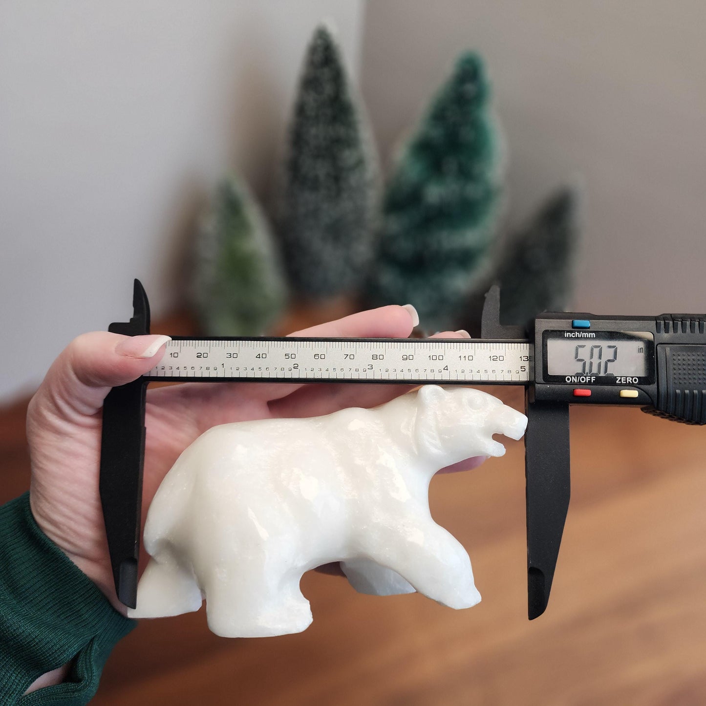 Crystal Polar Bear in Snow White Jade | Stone Carving for Winter Home Decor | Pearl finish Artic 3D Statue | 5" Perfect for Mantel Display