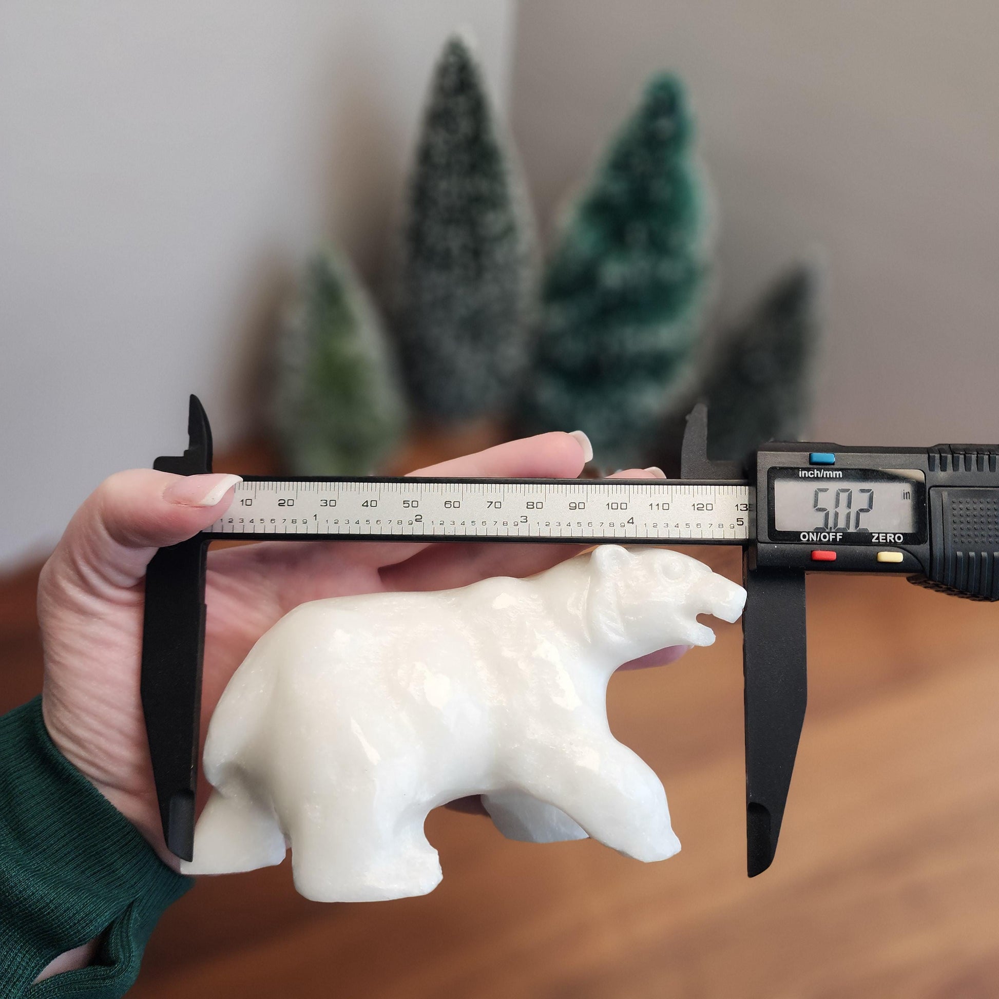 Crystal Polar Bear in Snow White Jade | Stone Carving for Winter Home Decor | Pearl finish Artic 3D Statue | 5" Perfect for Mantel Display