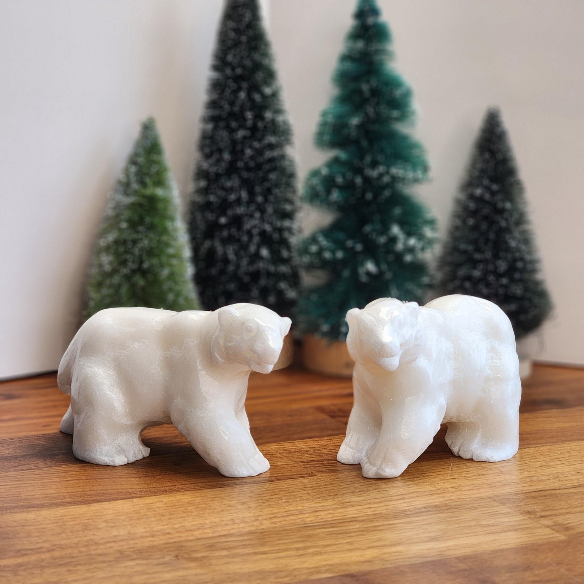 Crystal Polar Bear in Snow White Jade | Stone Carving for Winter Home Decor | Pearl finish Artic 3D Statue | 5" Perfect for Mantel Display
