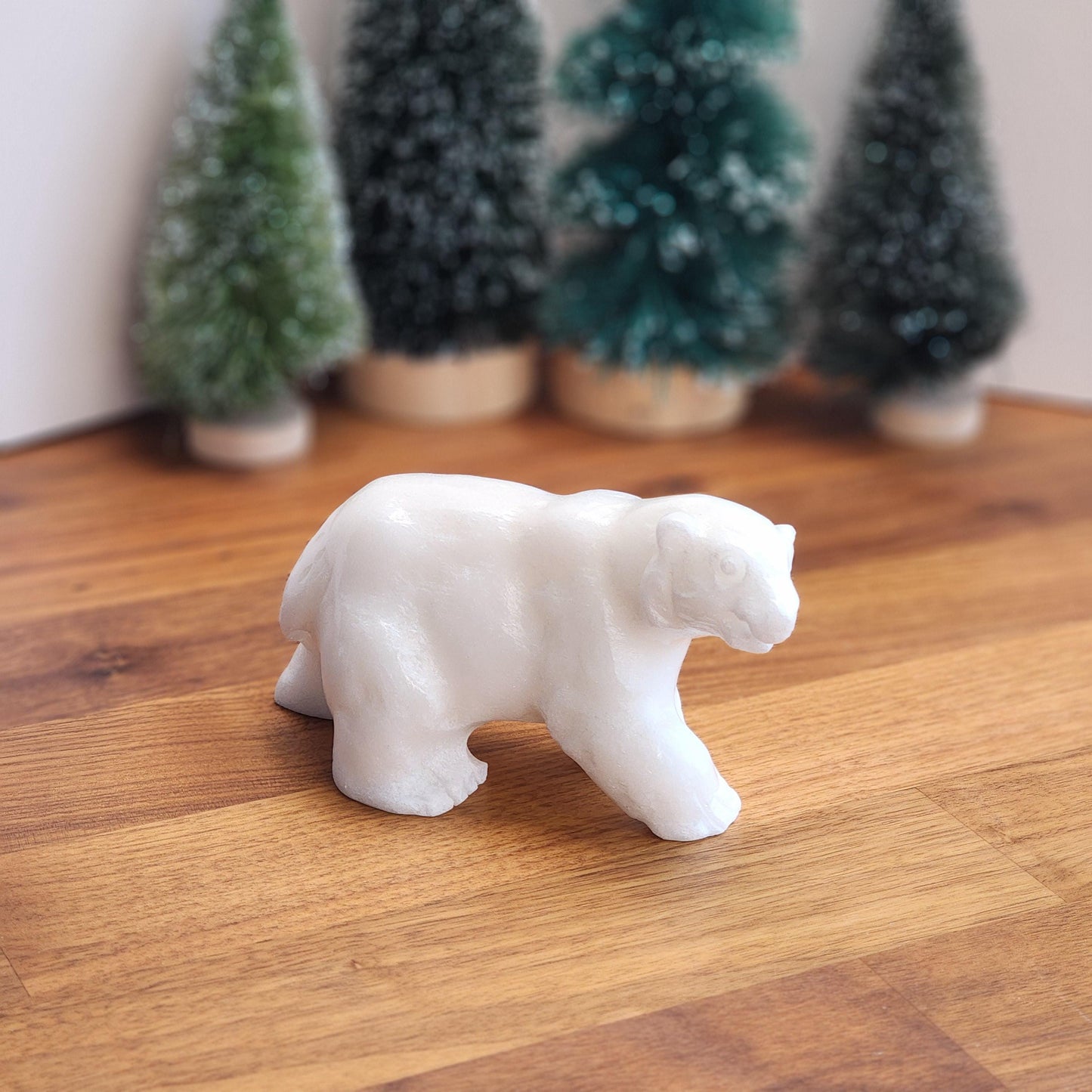 Crystal Polar Bear in Snow White Jade | Stone Carving for Winter Home Decor | Pearl finish Artic 3D Statue | 5" Perfect for Mantel Display