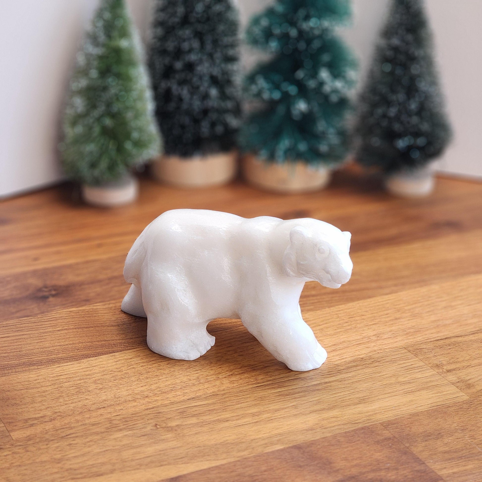 Crystal Polar Bear in Snow White Jade | Stone Carving for Winter Home Decor | Pearl finish Artic 3D Statue | 5" Perfect for Mantel Display