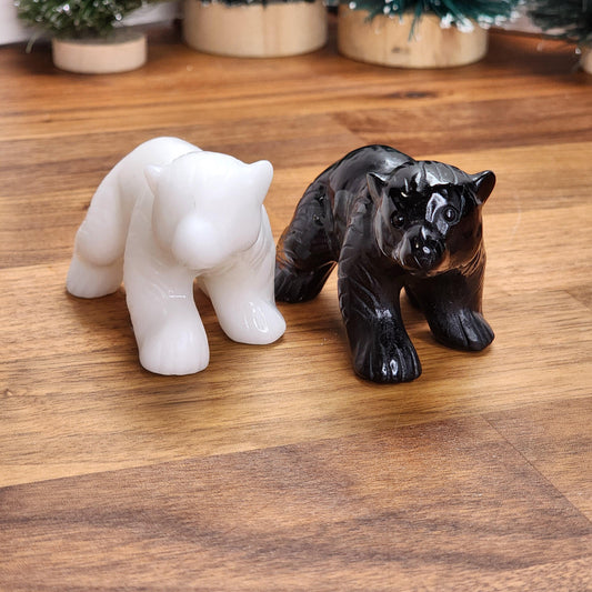 Crystal Polar Bear Cubs in Snow White Jade & Black Obsidian | Winter Home Decor | Matte | Artic 3D figurine | 3" | Rustic Animal Statues