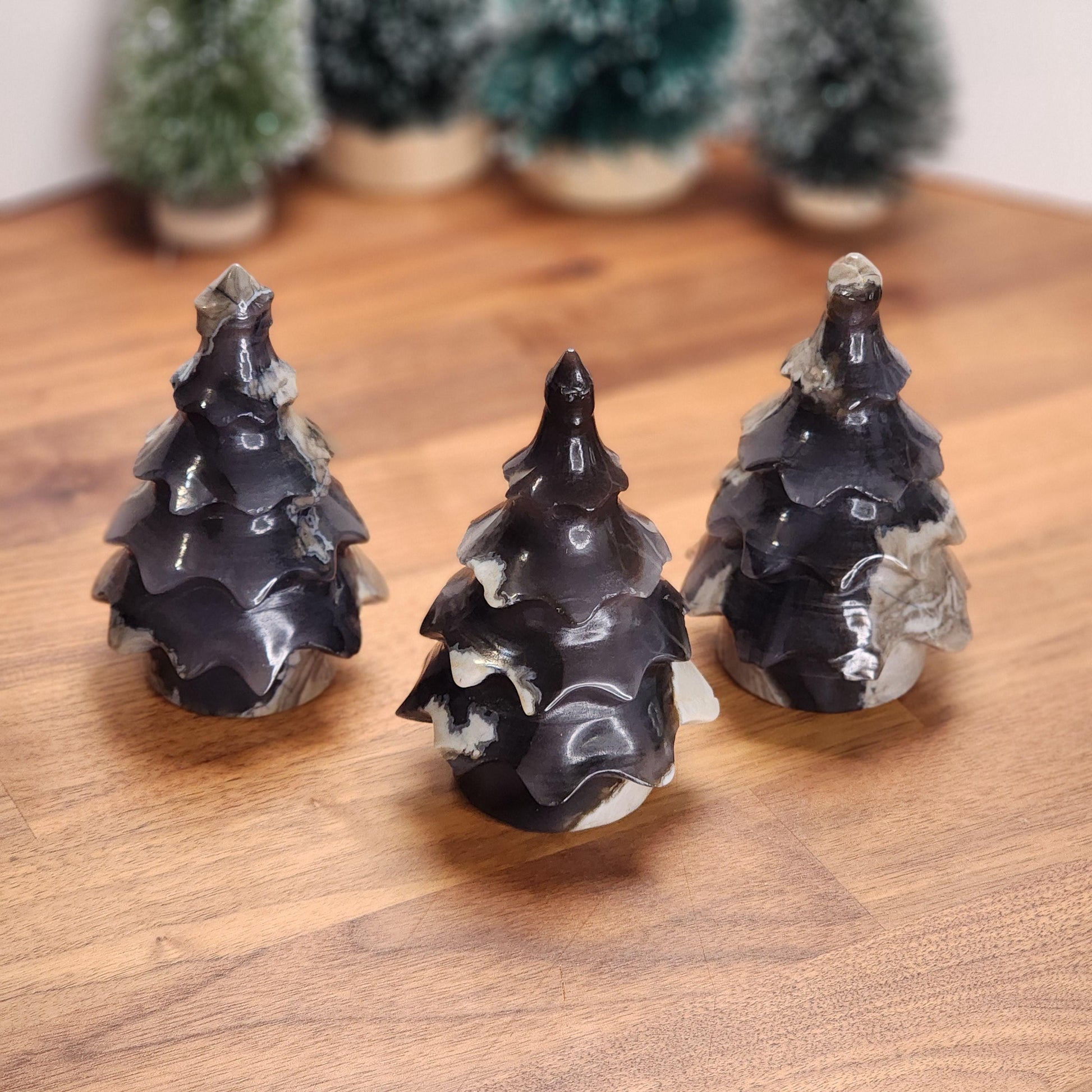 Crystal Pine Trees | Green UV Reactive Volcanic Agate Forest | Geology Rocks | Blue & Tan Natural Stone Carvings | Unique Winter Home Decor