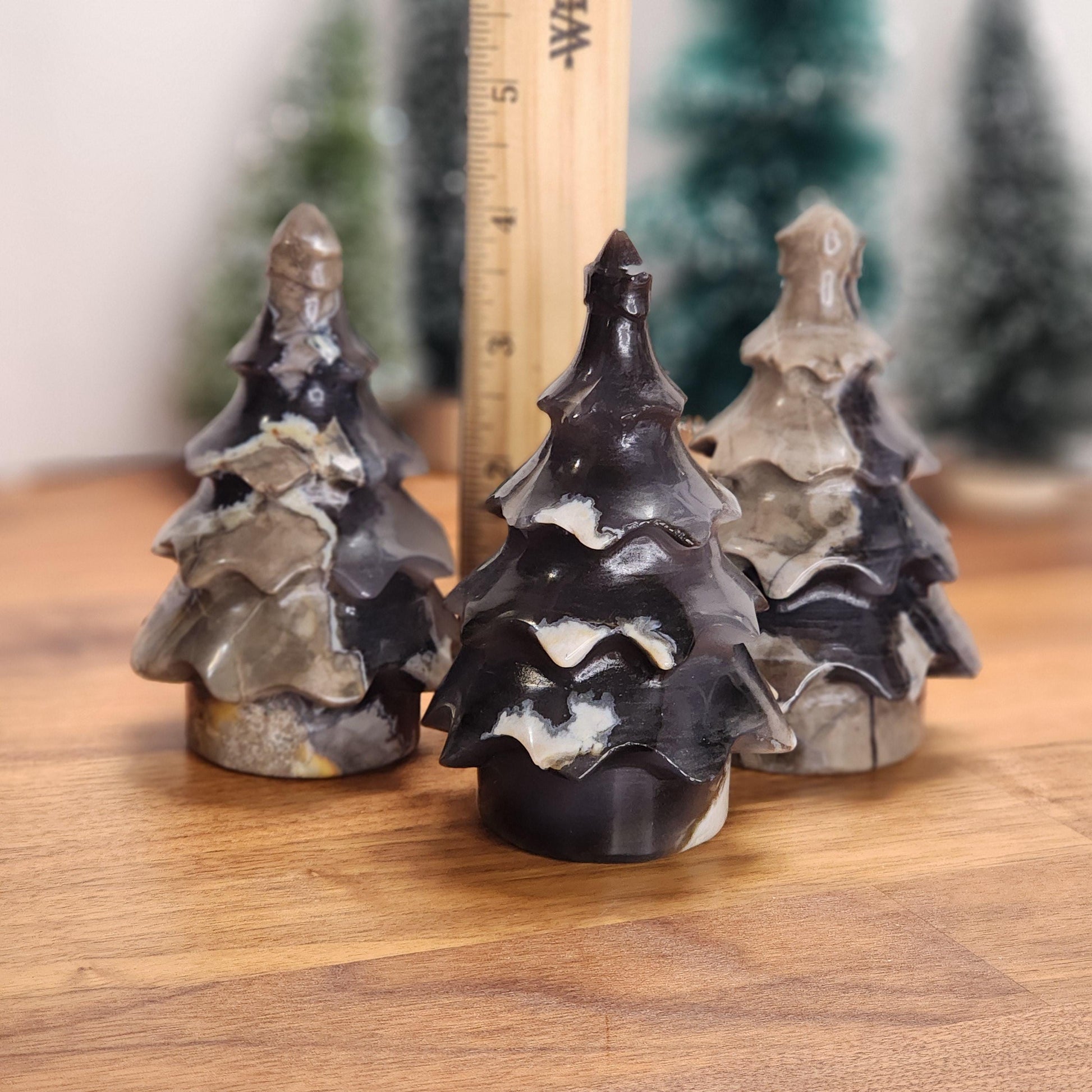 Crystal Pine Trees | Green UV Reactive Volcanic Agate Forest | Geology Rocks | Blue & Tan Natural Stone Carvings | Unique Winter Home Decor