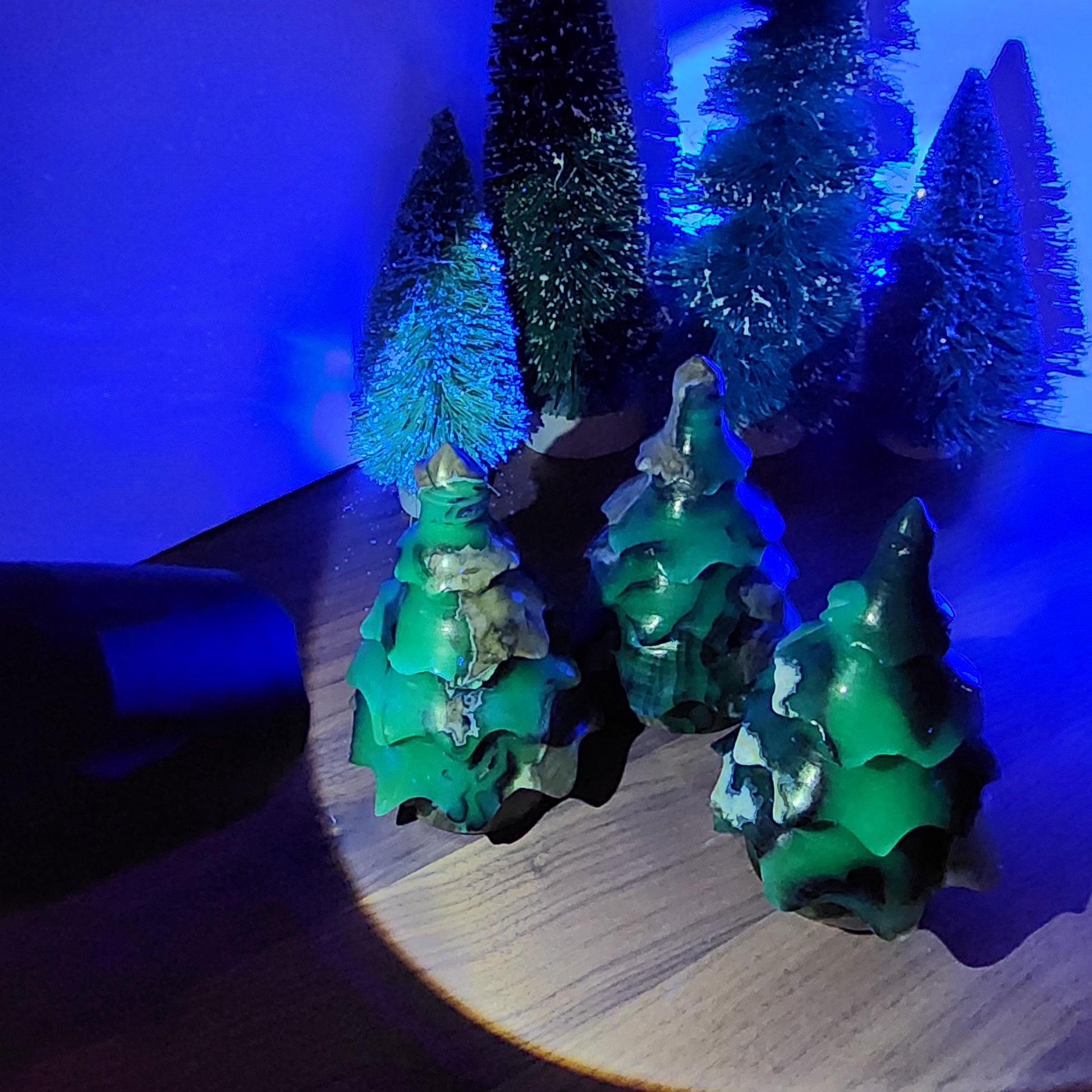 Crystal Pine Trees | Green UV Reactive Volcanic Agate Forest | Geology Rocks | Blue & Tan Natural Stone Carvings | Unique Winter Home Decor