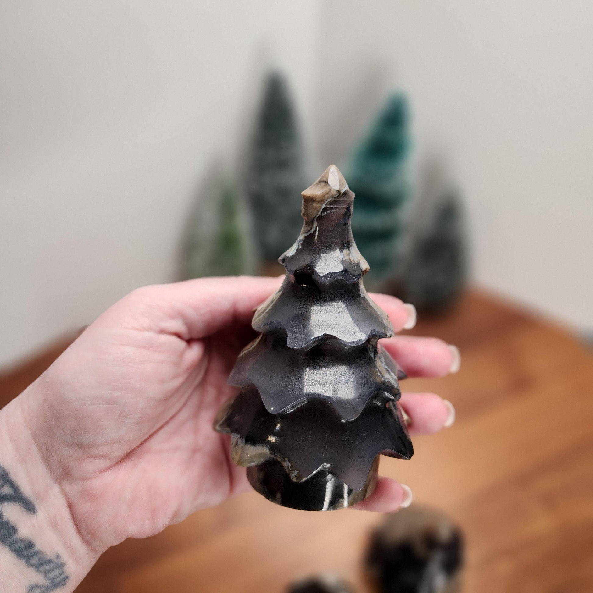 Crystal Pine Trees | Green UV Reactive Volcanic Agate Forest | Geology Rocks | Blue & Tan Natural Stone Carvings | Unique Winter Home Decor