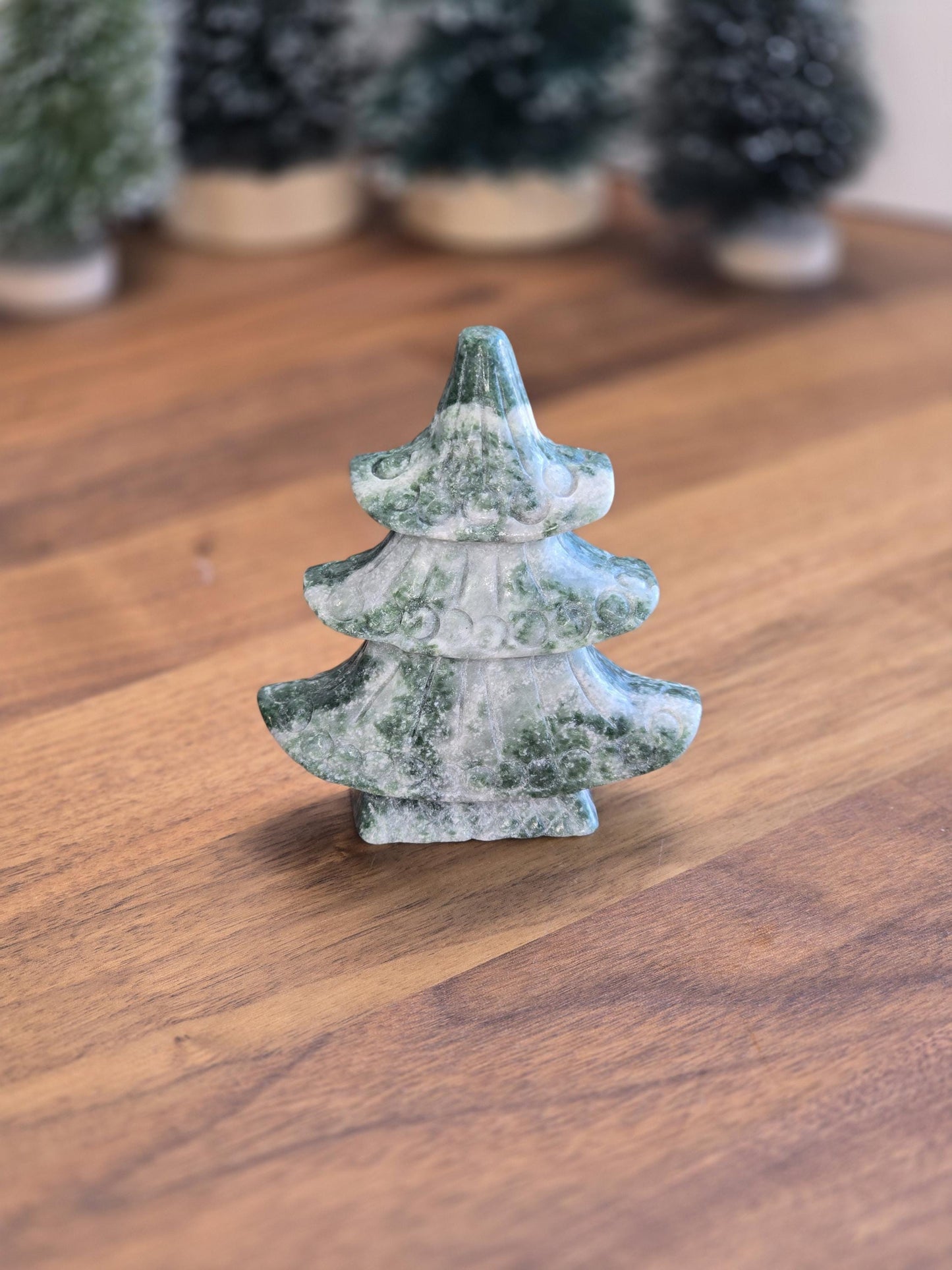 Qinhai Crystal Christmas Tree (Tree Agate) | Japanese style Green Pine Tree, curled branches, white Snowy Inclusions for Winter Home Decor