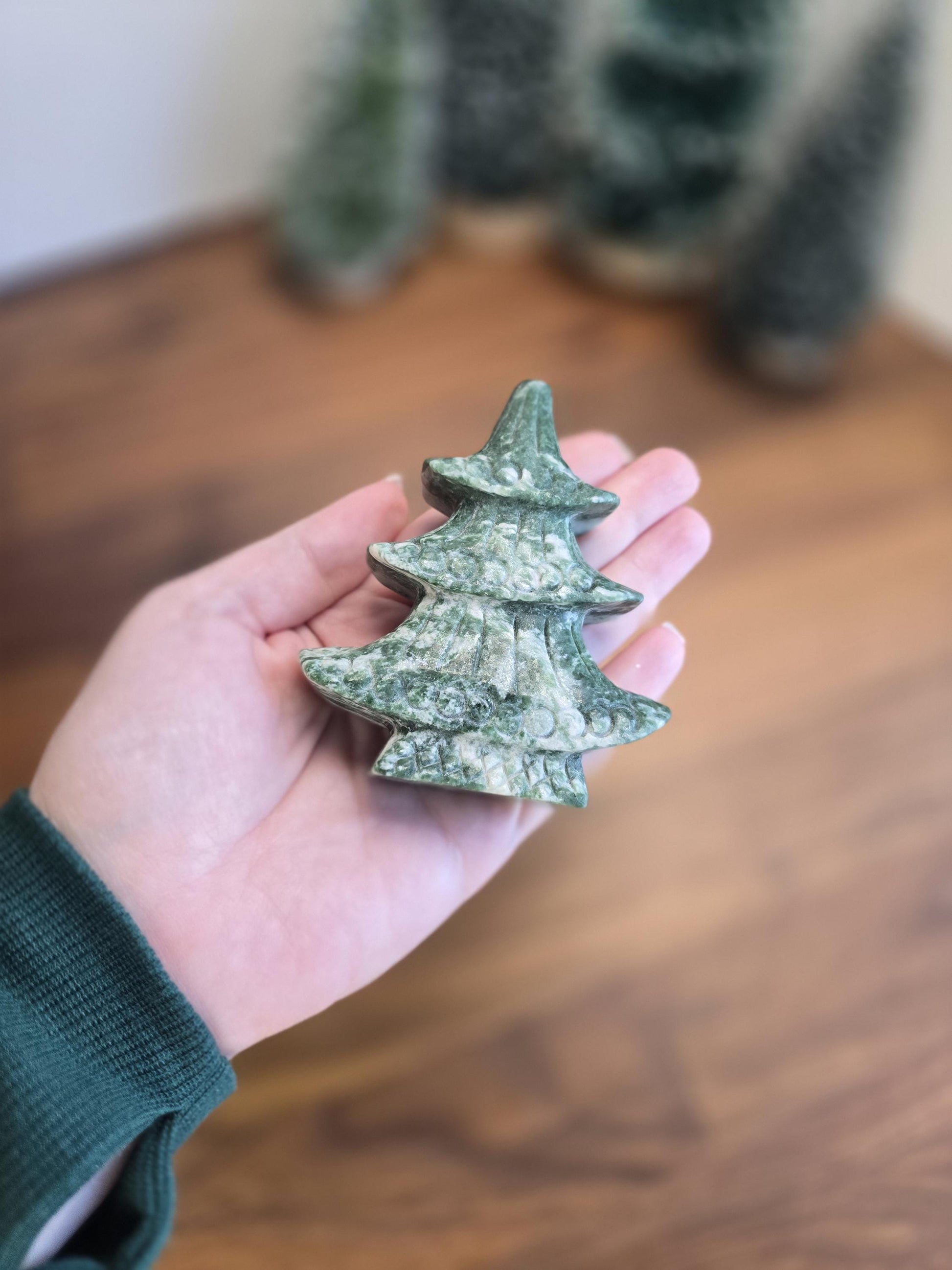 Qinhai Crystal Christmas Tree (Tree Agate) | Japanese style Green Pine Tree, curled branches, white Snowy Inclusions for Winter Home Decor