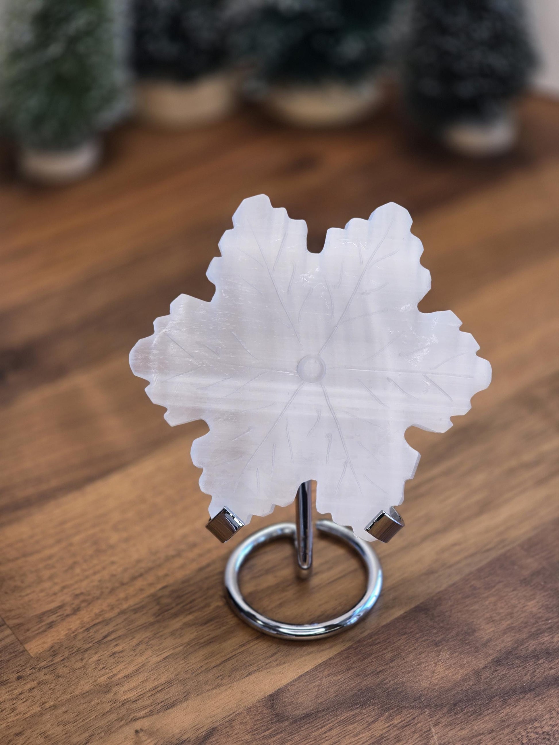 Selenite Crystal Snowflake Winter Home Decor | Beautiful white snow crystal carved in delicate satin spar for January Birthdays classy Gifts