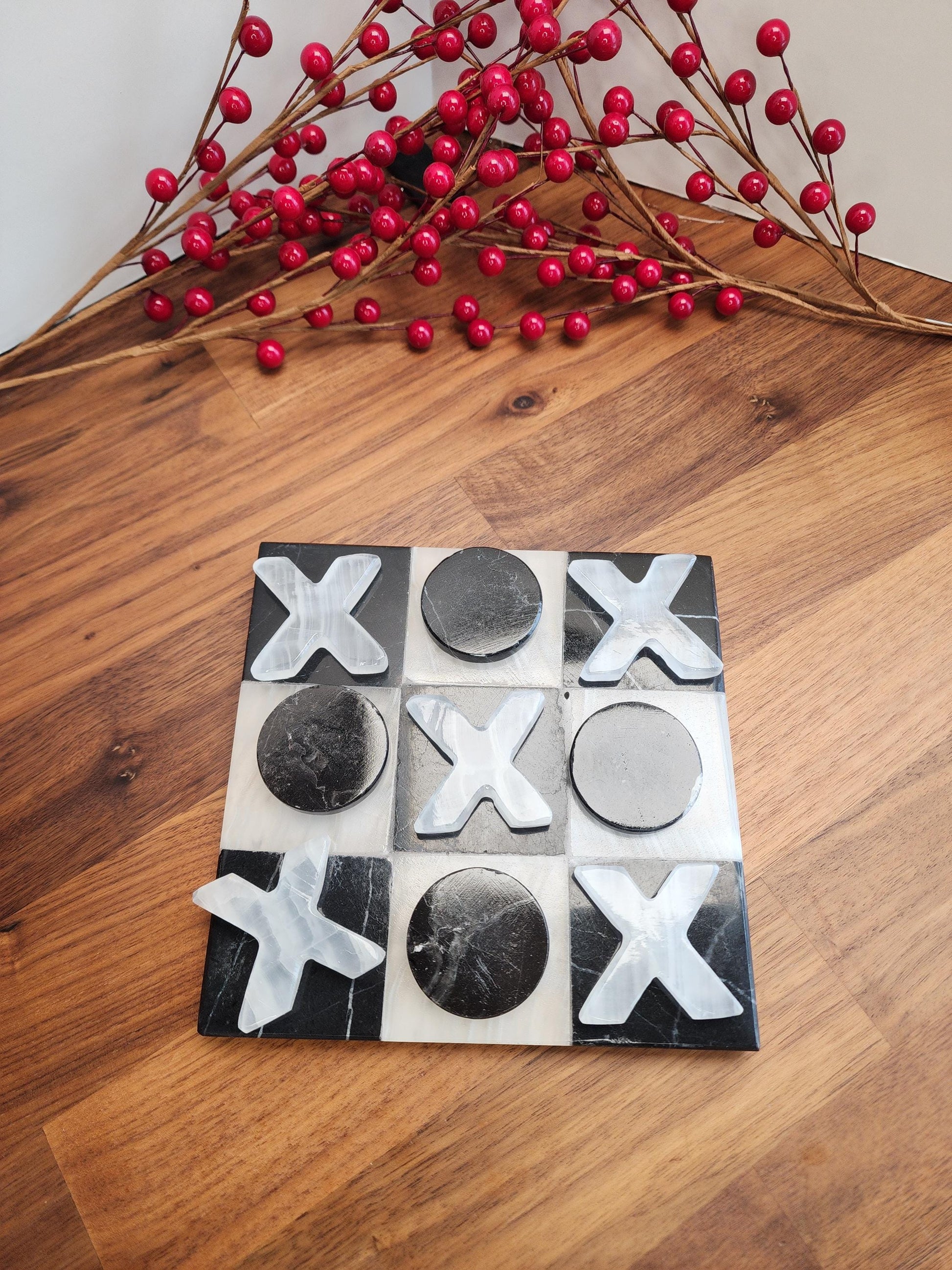 Classy Marble Tic Tac Toe Board Game for Crystal Home Decor or Family Fun Night | Black & White Interior Design Accent | TicTacToe XOXO Date