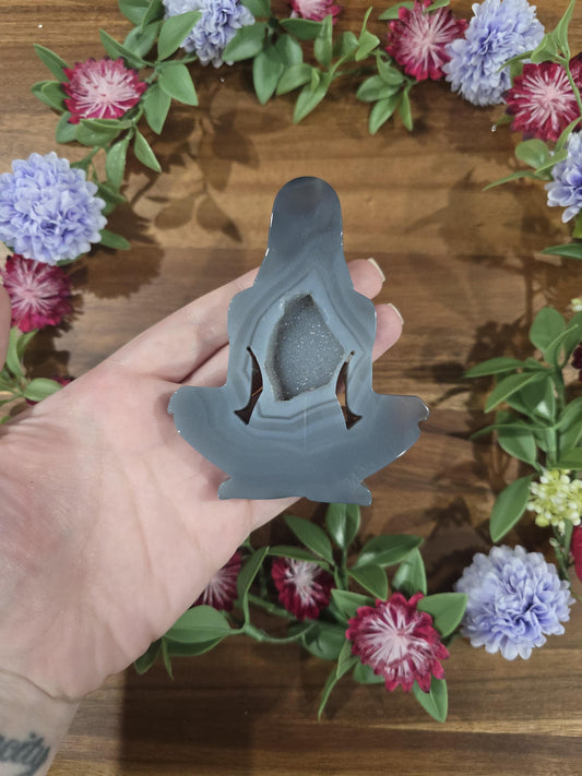 Blue Druzy Agate Crystal Goddess | Sparkling pocket in the heart of this gorgeous woman in yoga pose, Can stand